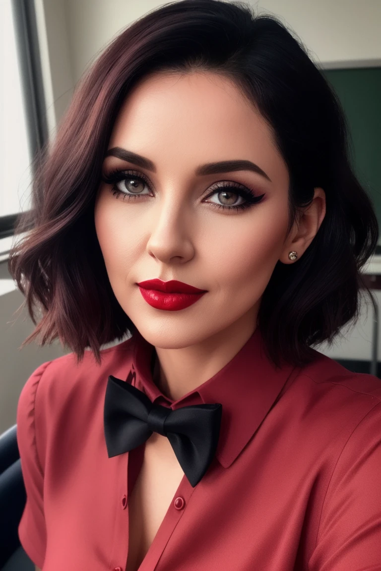 carlap:0.99, ((detailed skin, detailed face,detailed eyes, beautiful eyes):1.2),  ((red lipstick, eyeliner, eye shadow, blush)), ,((fully clothed, modest)), ,photo of a woman, RAW, close portrait photo, ((bowtie, shirt)),((short hair)), ((classroom, sitting)), slim body, ((detailed skin, detailed face):1.2), ((detailed eyes, beautiful eyes)), 8k uhd, dslr, soft lighting, high quality, film grain, Fujifilm XT3 sharp focus, f 5.6,((red lipstick, blush)) , slight smile, ((detailed eyes, beautiful eyes, detailed face, beautiful face)),