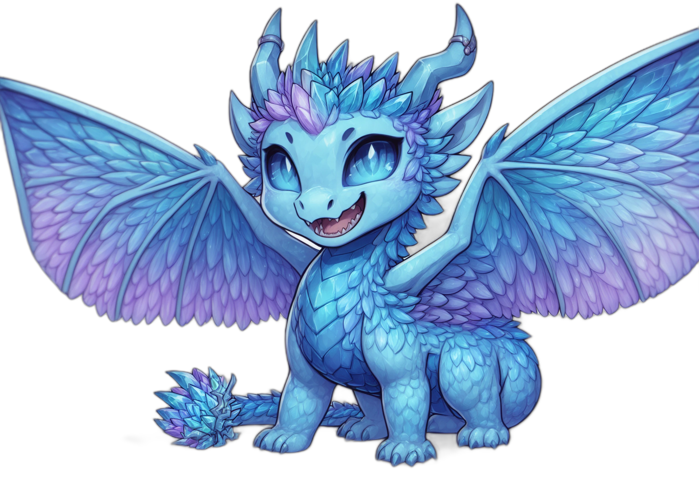 score_9, score_8_up, score_7_up, score_6_up, source_anime, source_furryBREAK
white background
<lora:Beth_Dragon_Lora:0.4> <lora:B_DragonPXL:0.7>
dragon, (facing viewer:1.5), standing, roaring, happy, mouth open, smile, fangs, teeth
dragon, B_dragon, B_DragonPXL, two wings, crystal horns, feather wings, (two wings:1.5), scales, scaled chest, feral, quadraped, long tail, (blue schlera:1.4), blue eyes, slit pupils, dark blue pupils, quadraped, one tail, crystal lotus on end of tail
blue dragon
cheeb_drg, chibi, crystal scales, (light blue underbelly:1.5), on all fours, looking at viewer, facing viewer, (crystal wings:1.8), wings, (crystal feathers:1.6)
<lora:add-detail-xl:1>
<lora:Chibi_Dragon:1>