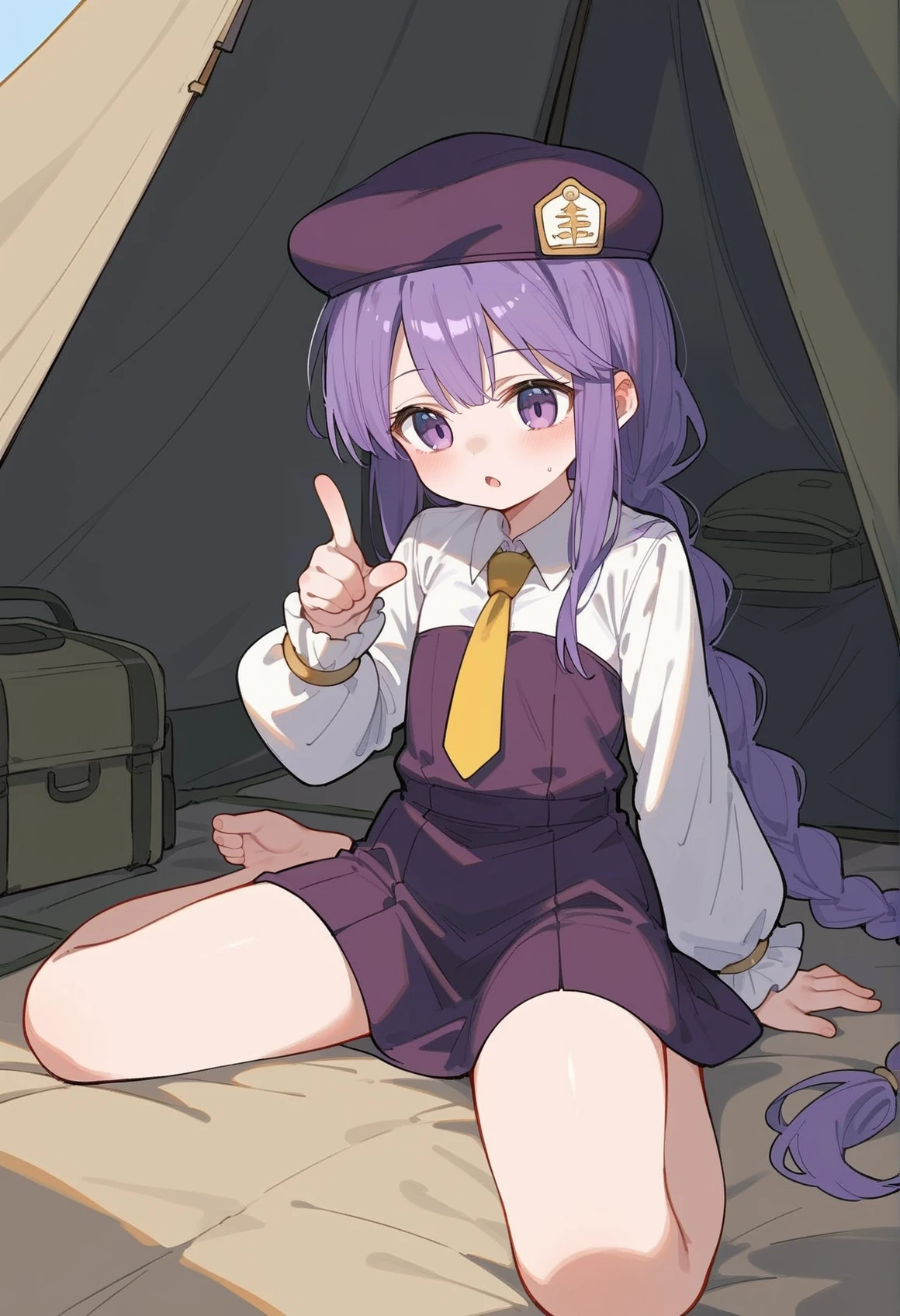 1girl, long hair, purple hair, braid, purple eyes, purple beret, age regression, short dress, long sleeves, yellow necktie, bracelet, indoors, tent, camping, sitting, spread legs, pointing up, expresionless, chestnut mouth,  <lora:Sion_XL-000009:1>, score_9, score_8_up, score_7_up, score_6_up, score_5_up, score_4_up, BREAK source_anime, masterpiece