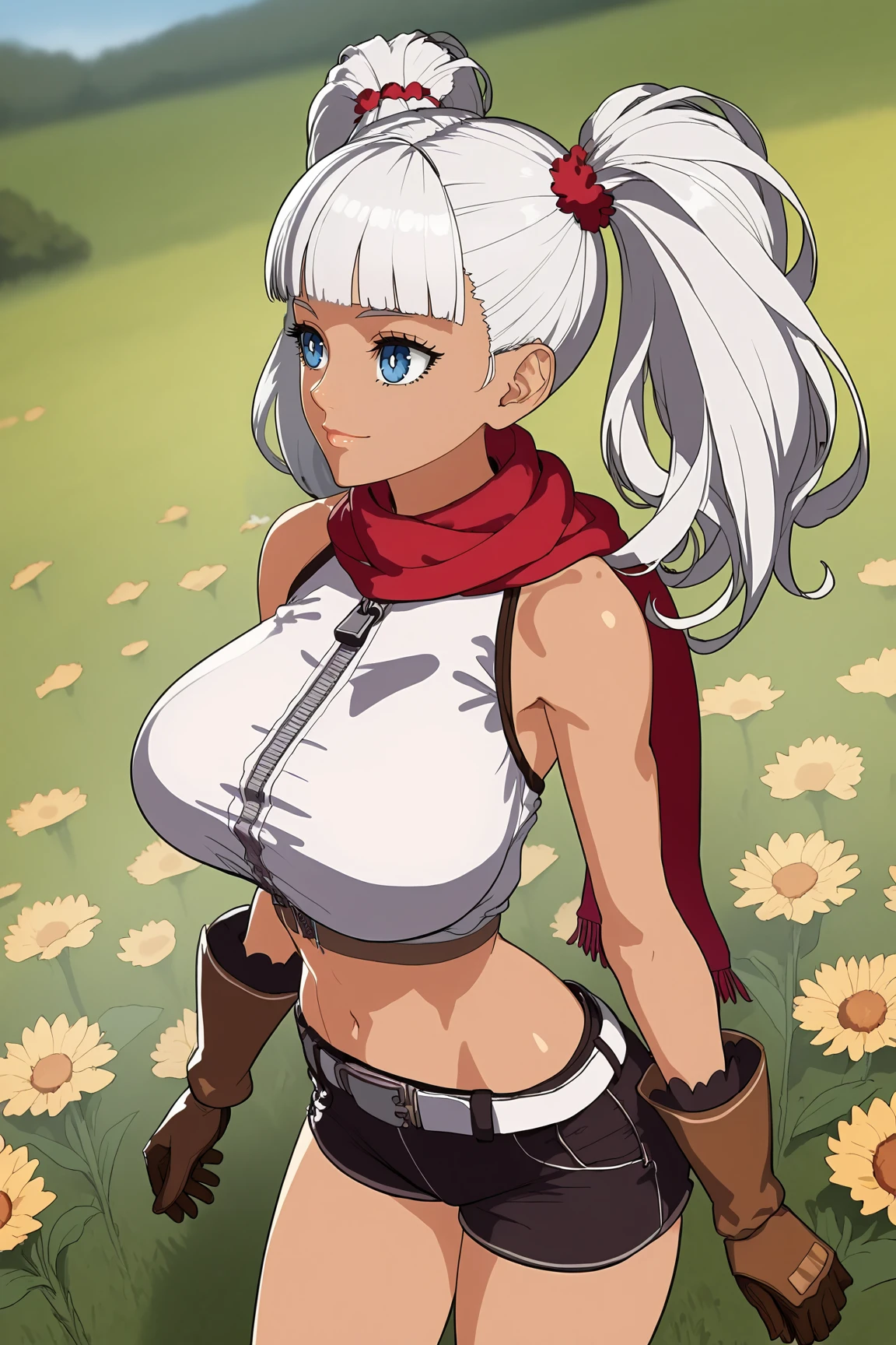 score_9, score_7_up, source_anime, solo, looking ahead,
1girl,
expressionless, smile,
BREAK
adventurernpc, twintails, white hair, tan, large breasts, blunt bangs, hair pulled back, bare shoulders, black shorts, brown gloves, white crop top, midriff, red scarf, short shorts, sleeveless, hood down, white belt, white shirt, zipper, red hair tie,
Flower field,
<lora:npcKan-KurokawaSahara-locon:1>