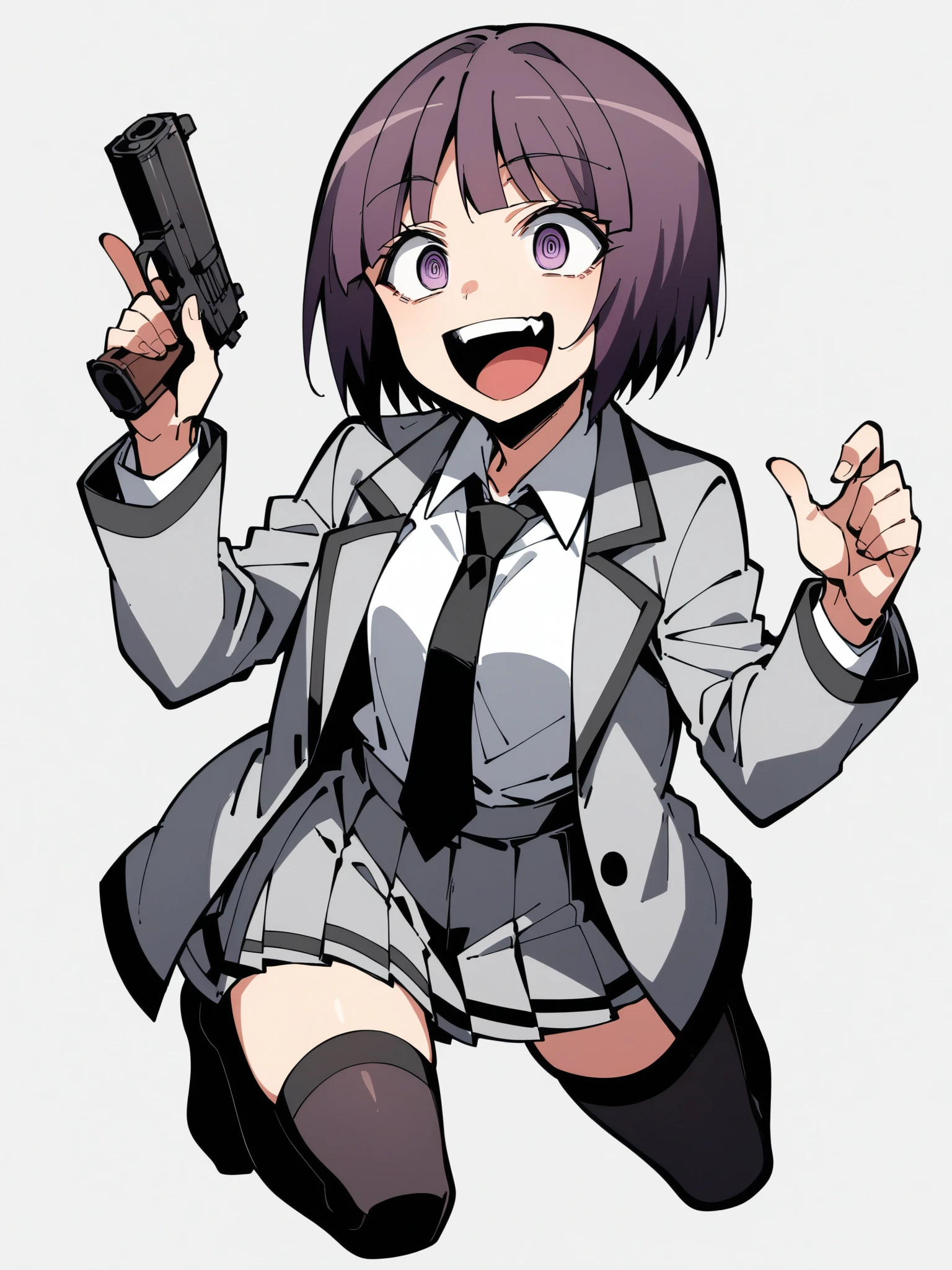 score_9,score_8_up,score_7_up,score_anime,2d,full body,1girl,<lora:Yuzuki-Fuwa_v2:0.8>,Yuzuki Fuwa,purple eyes,purple hair,bob cut,solo,
holding_gun,crazy eyes,happy,open mouth,
gray jacket,black necktie,collared shirt,white shirt,necktie,gray pleated_skirt,black_thighhighs,white_background,