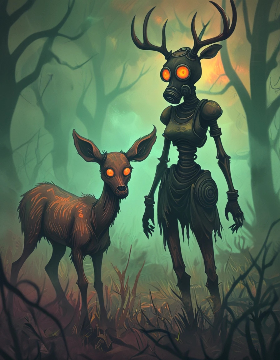 woman wearing a gasmask standing next to a an undead deer <lora:novuschroma18 style:1.5> novuschroma18 style