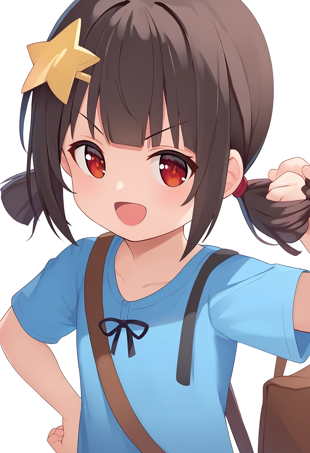 komekko,
star hair ornament, brown eyes, sidelocks, short twintails, child, closed mouth, red eyes, hair ornament, star \(symbol\), short sleeves, simple background, smile, open mouth, looking at viewer, holding bag, hair over one eye, v-shaped eyebrows, :d, white background, brown hair, medium hair, hand on own hip, blunt bangs, holding, standing, brown bag, twintails, bag, black hair, shirt, blue shirt, holding hair,
score_9, sfw
<lora:pony_char_komekko:1>