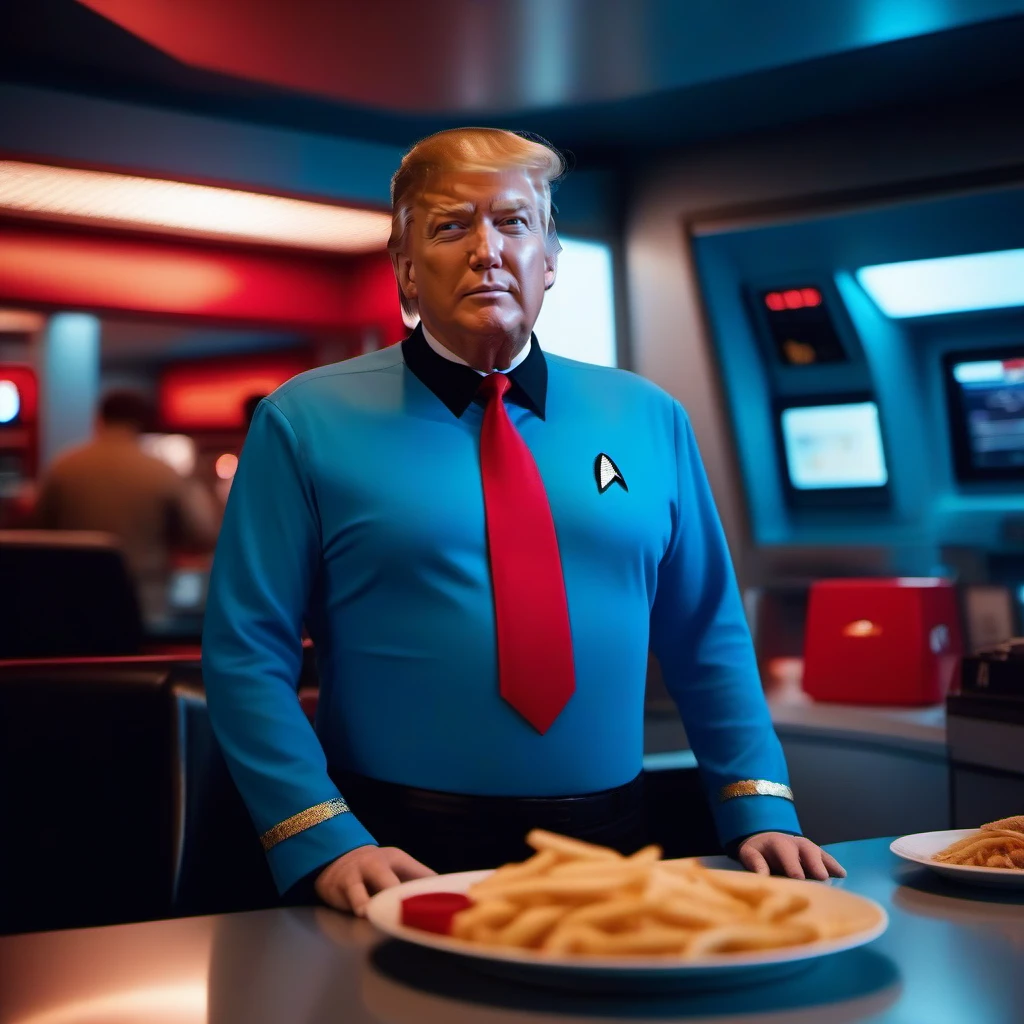 cinematic photo donald trump wears a blue startrek longsleeve shirt with a long red tie, black pants, solo, in a space fastfood <lora:StarTrek1024:0.8> . 35mm photograph, film, bokeh, professional, 4k, highly detailed