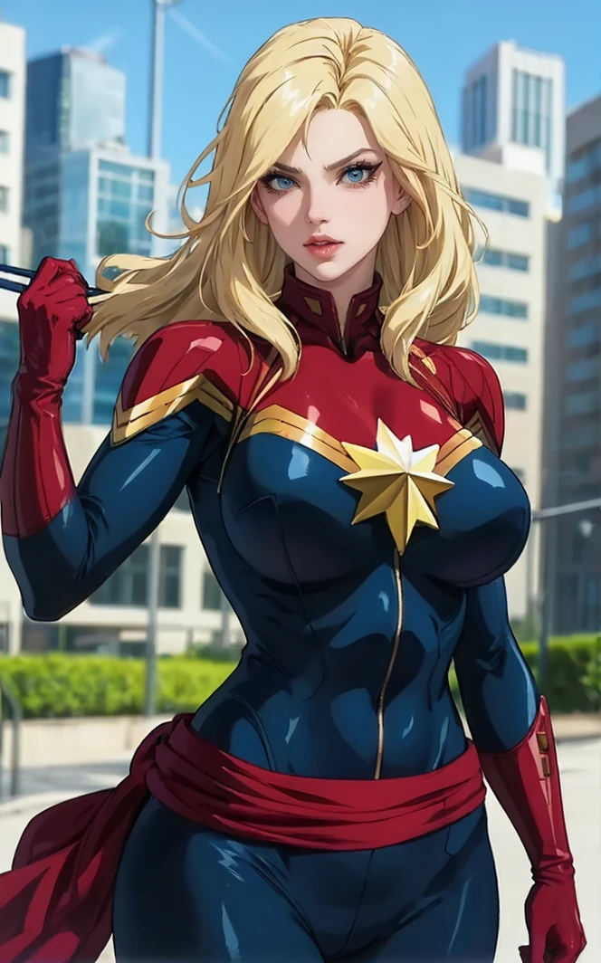 ((masterpiece, best quality)), outdoors,
ANIME_CaptainMarvel_ownwaifu,
1girl, blonde hair, long hair, blue eyes, eyelashes, large breasts, bangs, lips, collarbone, lipstick, makeup,
blue bodysuit, sash, bodysuit, turtleneck, superhero, gloves, star (symbol), red gloves, skin tight, belt, shiny, 
(wariza)<lora:ANIME_CaptainMarvel_ownwaifu:0.7>,
 depth of field, bokeh, vanishing point, solo, looking at viewer, insaneres, absurdres,