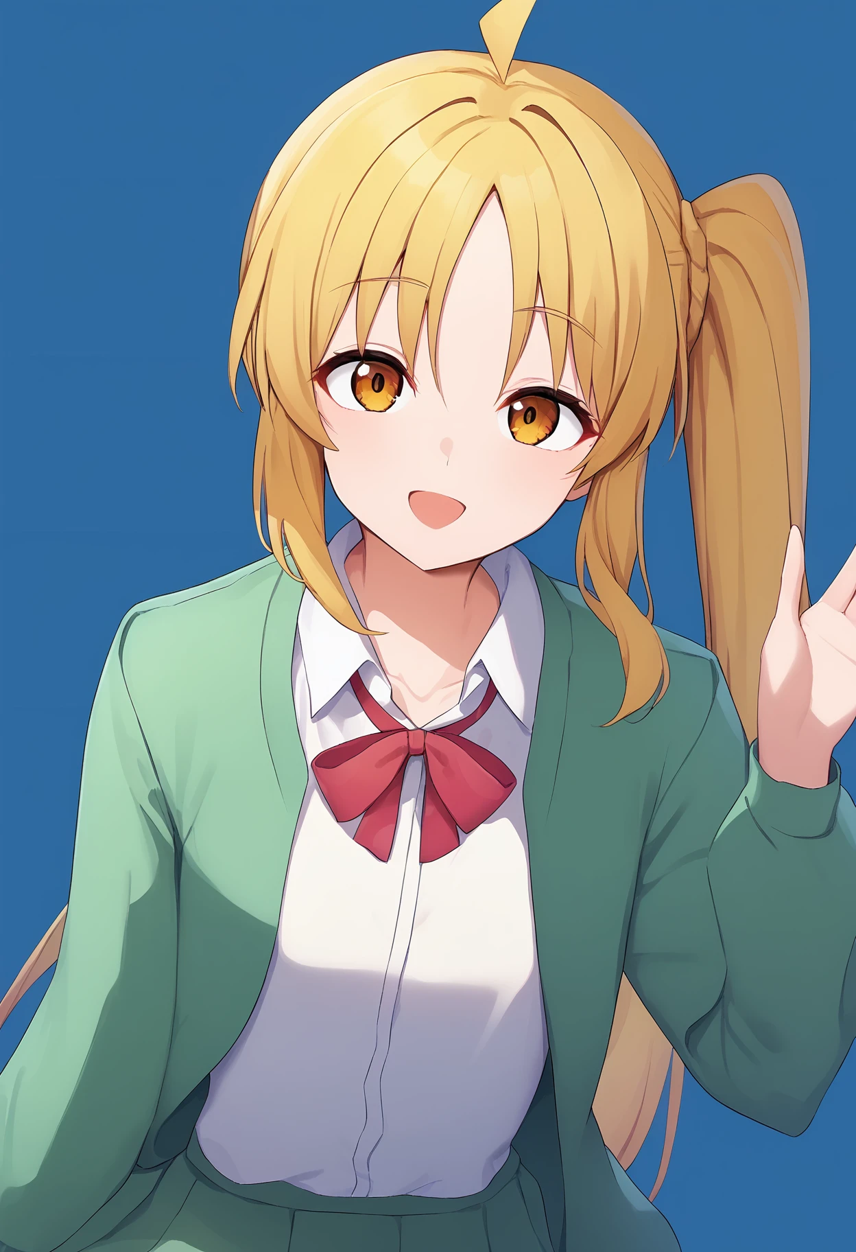 1girl,
ijichi nijika,
side ponytail, sidelocks, open clothes, parted bangs, sitting, light blush, hand up, cowboy shot, ahoge, white shirt, waving, green jacket, collarbone, blonde hair, simple background, bow, long sleeves, jacket, collared shirt, shirt, long hair, arm up, solo, school uniform, yellow eyes, :d, looking at viewer, smile, open jacket, open mouth, blue background, red bow,
score_9, sfw
<lora:pony_char_ijichi_nijika:1>