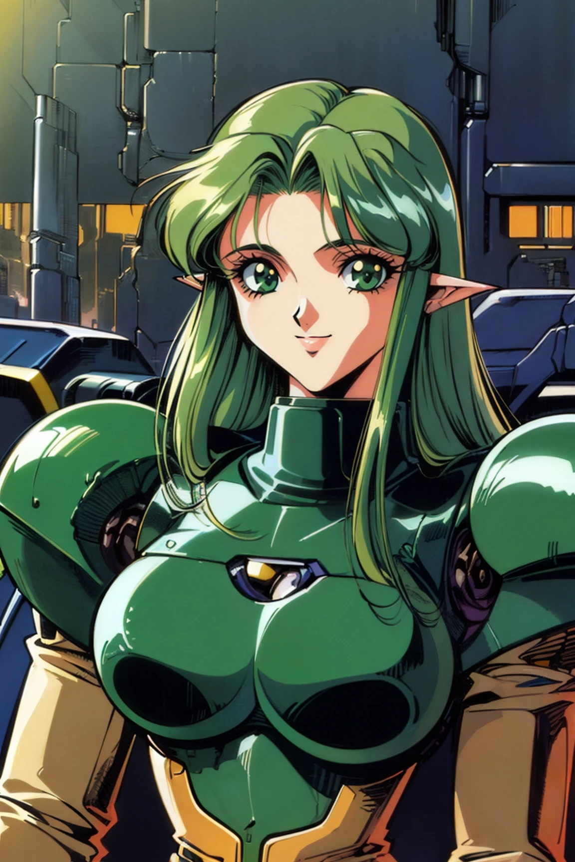 (retro artstyle,2000s (style),2000s \(style\)),<lora:retro artstyle_V1:0.4>,
 record of lodoss war, 1girl, mecha girl,solo, cyberpunk, cyborg, robot, mechanical arms, upper body,smile,cyberpunk city