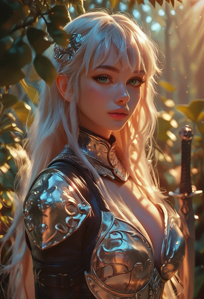 score_9, score_8_up, score_7_up, score_6_up, 1girl, beautiful, white hair, long hair, bangs, fair skin, big breasts, leather armor, sword, forest, dappled sunlight, upper body, looking at viewer