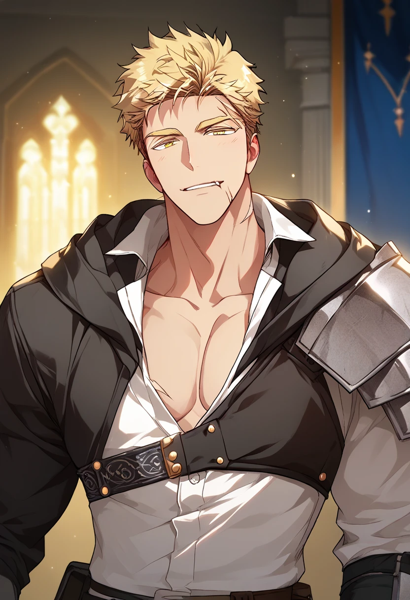 1boy, male focus,
<lora:Character - Author of My Own Destiny - Gunter:1> gunter, blonde hair, scar, yellow eyes
((zPDXL)), best quality, amazing quality, best aesthetic, absurdres, year2023, nsfw, game cg, official art, official style,  uncensored,
<lora:Style - Ecstasy_Emperess:0.45> emper3ss
castle
cowboy shot,  collared white shirt, shoulder guard, pectoral cleavage, naughty face,  chest belt,