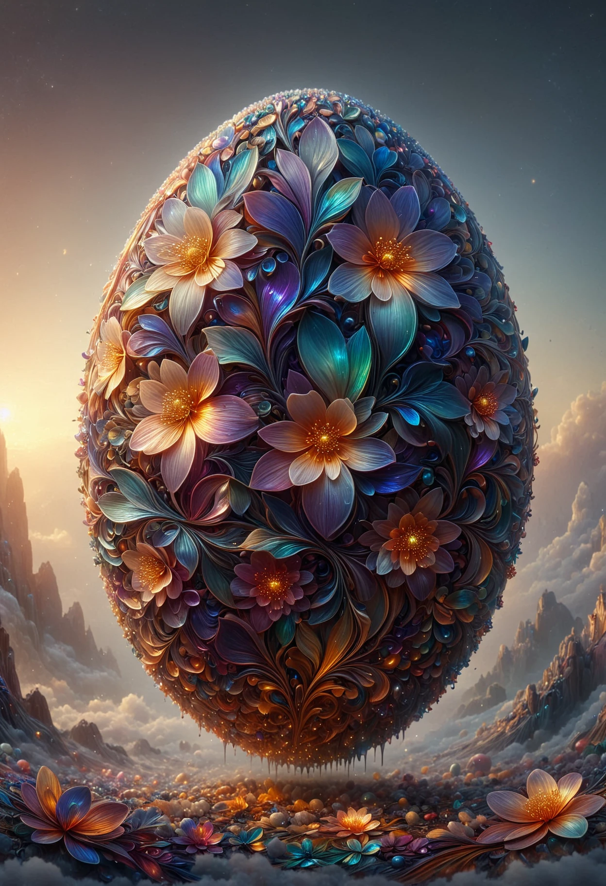 (photography art stylized by Jack Hughes:1), landscape art, concept art, Inca (Faberge egg:1.2), Repulsive, it is smooth, inside a Gdansk, Foggy conditions, Miniaturecore, horror, made out of iridescent flower petals, <lora:PinkieIriFlwrsSDXL-v1:1>, p1nk1r1fl0wers,