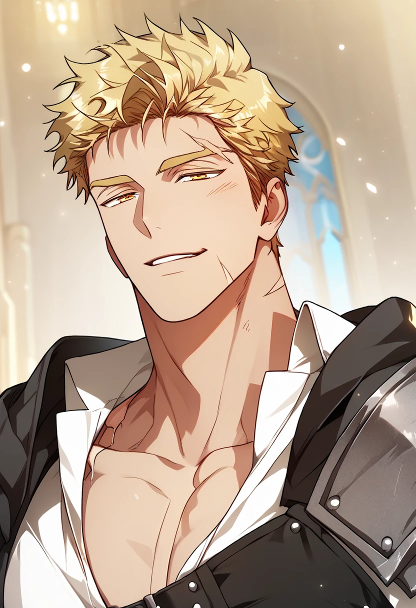 1boy, male focus,
<lora:Character - Author of My Own Destiny - Gunter:1> gunter, blonde hair, scar, yellow eyes
((zPDXL)), best quality, amazing quality, best aesthetic, absurdres, year2023, nsfw, game cg, official art, official style,  uncensored,
<lora:Style - Ecstasy_Emperess:0.45> emper3ss
castle
close up, collared white shirt, shoulder guard, pectoral cleavage, naughty face,  chest belt,