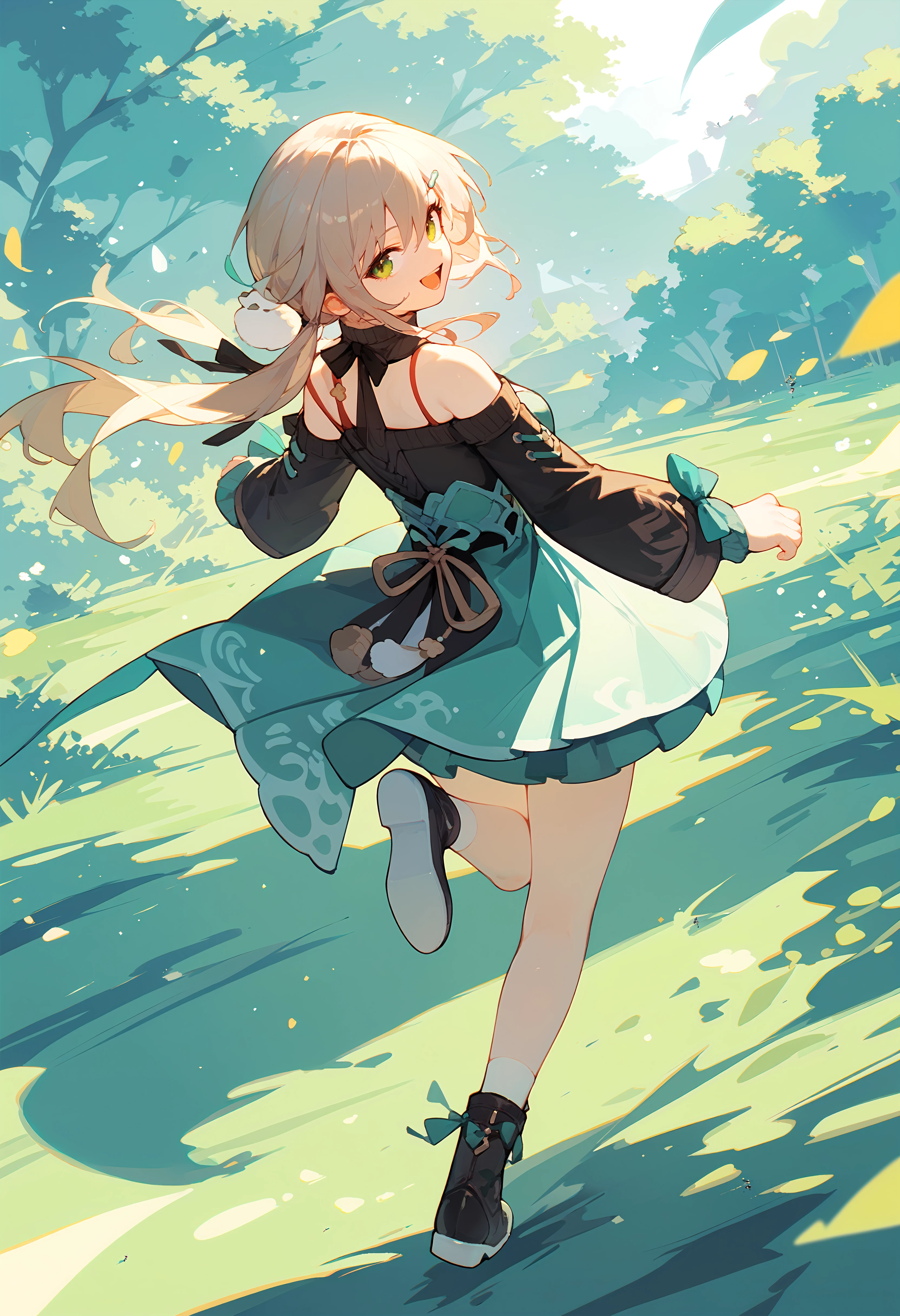 (score_9, score_8_up, score_7_up), 1girl, qingque, shoulder cutout, black boots, running, looking back, smile, open mouth, <lora:qingque-strPO-v1ar:0.9>
