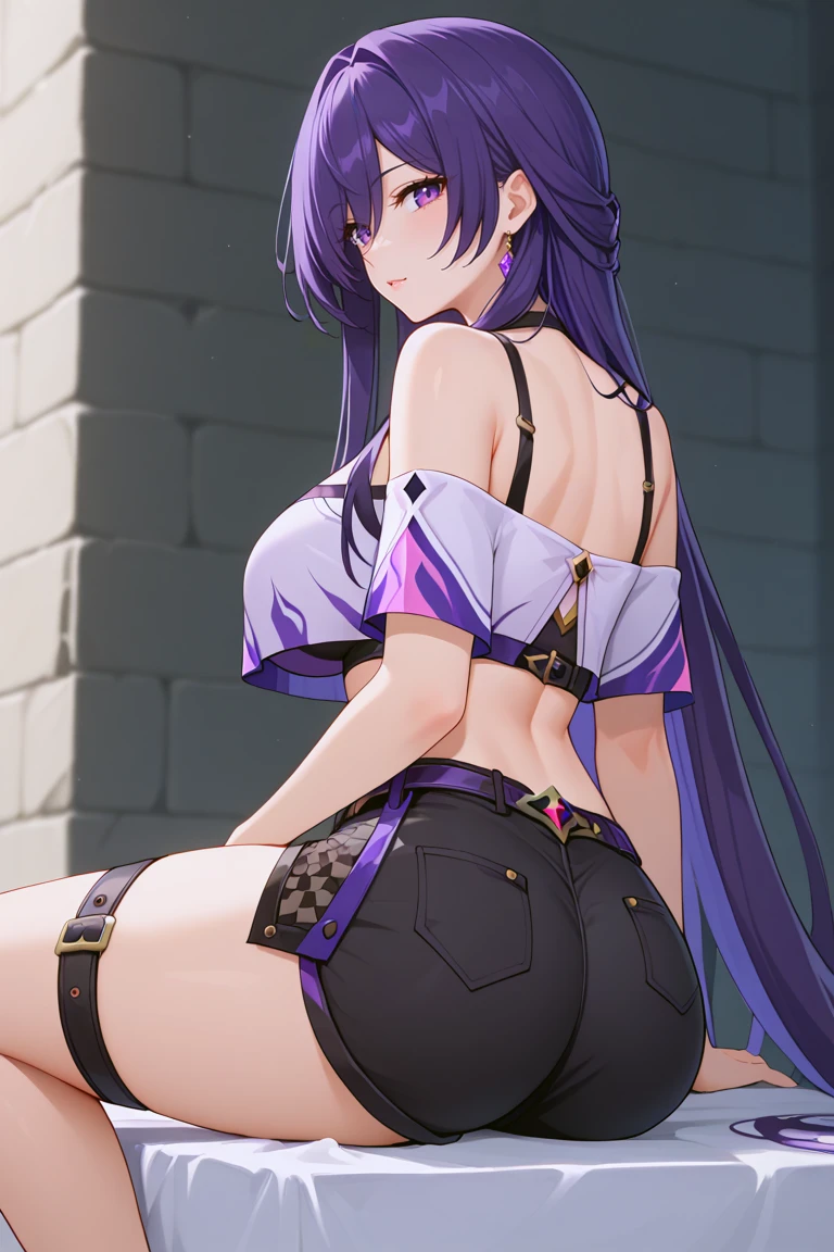 masterpiece,high quality,anime_source,score_9,acheron,AcheronBren,1girl,long hair,purple hair,mature female,purple eyes,bare shoulders,bare_midriff,single boot, shorts shorts, black shorts, crop top, beautiful eyes, tall female, thigh belt, large thigs, sitting, looking back, focus ass<lora:EMS-384508-EMS:0.200000>, <lora:EMS-426202-EMS:0.700000>