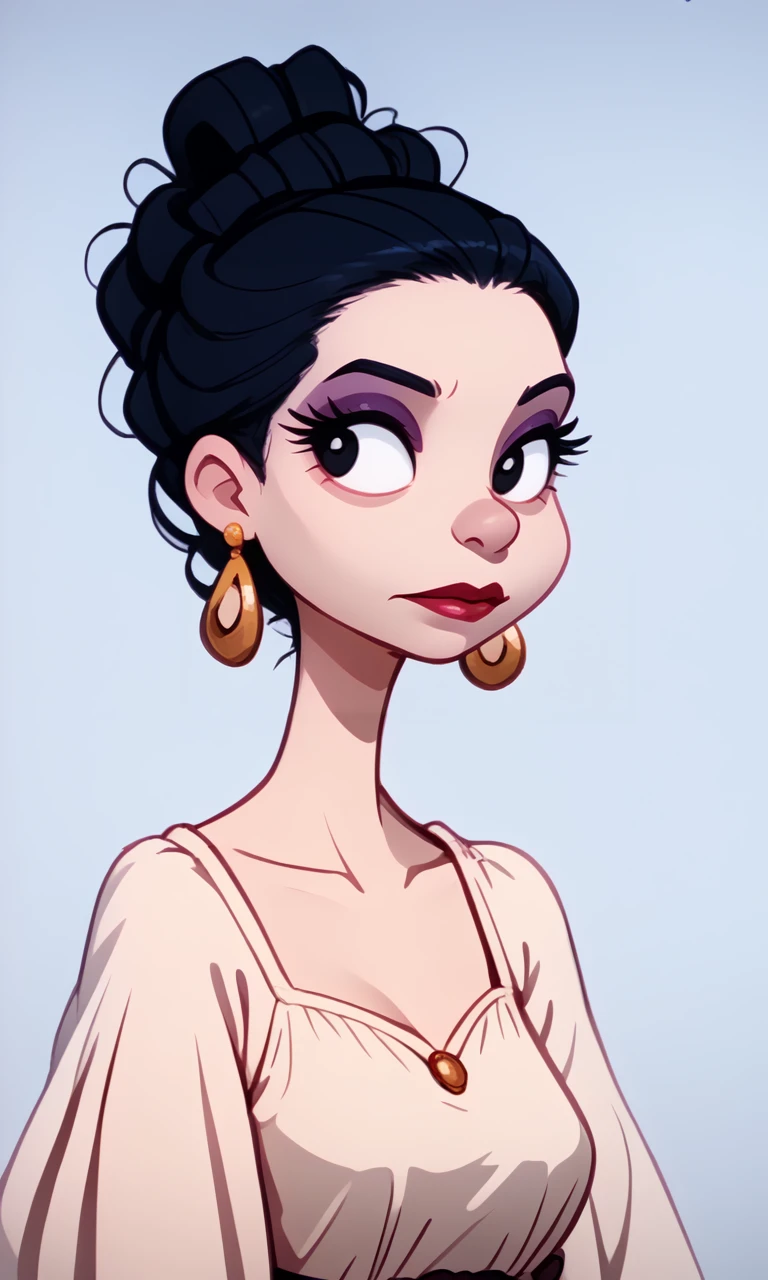 <lora:Rugrats_90s_Style_PDXL-10:1.5> rugrats_style, portrait, 1woman, long flowing dress, makeup, jewelry, earrings, black eyes, updo, source_cartoon, score_9, score_8_up, score_7_up,