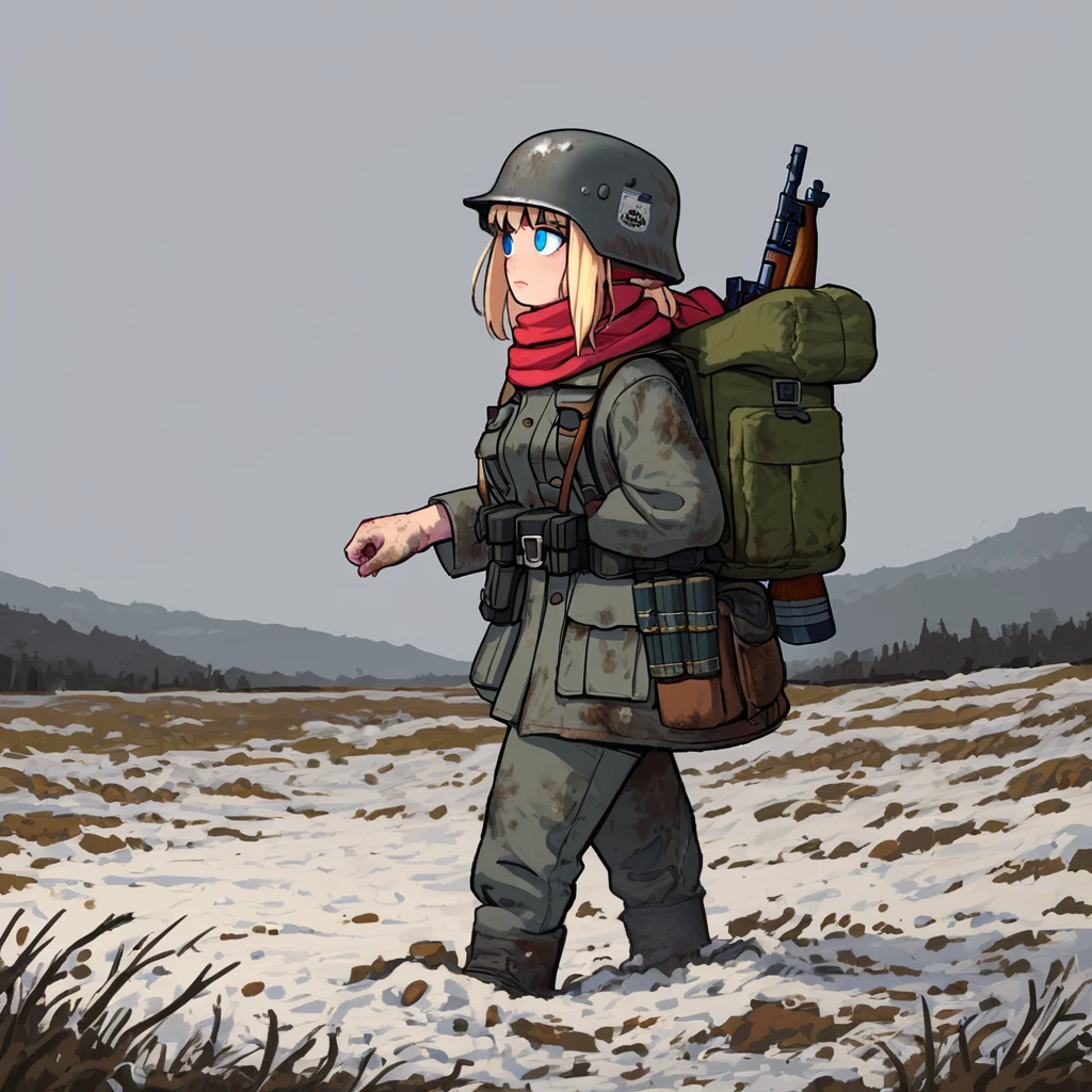 score_9, score_8_up, score_8_up,raw,
1girl, solo, (nsfw), walking, full shot, from side, blonde hair, (dim blue eyes, small nose, frustrated), petite, dirty,
grey uniform, grey military uniform, ammunition pouch, grey helmet, scarf, backpack, (rifle:1.4),
snow covered land, scenic background, (snow storm:1.2),
p4st3lg0r3, n30nc4t, wehr, <lora:p4st3lg0r3XLP:0.55>, <lora:n30nc4tXLP:0.4>, <lora:age_slider_v4:-1>, <lora:Wehrmacht_And_Officers__World_War_2:1>