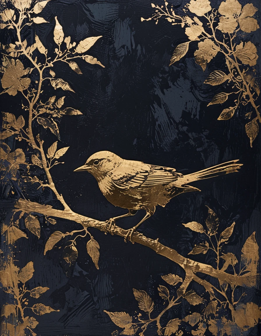 bird on a branch with flowers with gold foil <lora:novuschroma27 style:1> novuschroma27