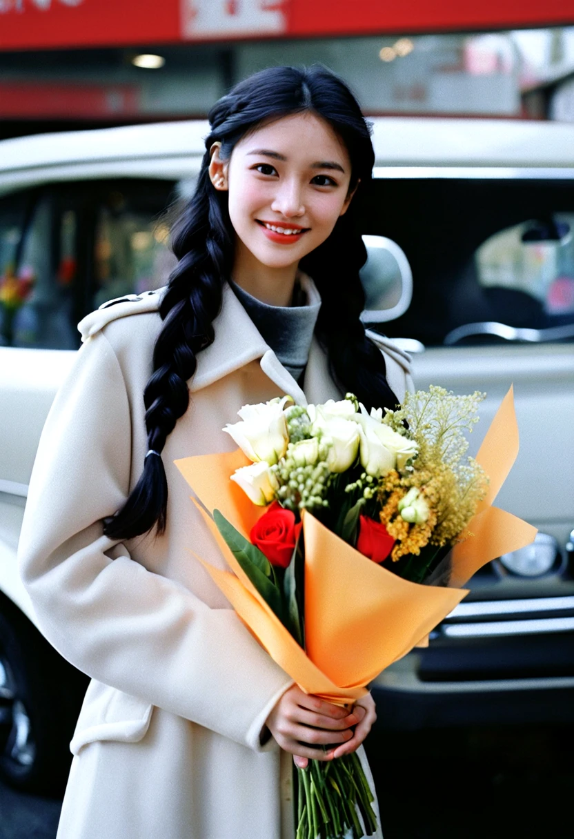 photorealistic, black eyes, dal, 1girl, ground vehicle, motor vehicle, car, solo, bouquet, braid, black hair, flower, smile, long hair, coat, realistic, shop, holding, photo background, standing, detailed background, film photography aesthetic, film grain, analog photography,