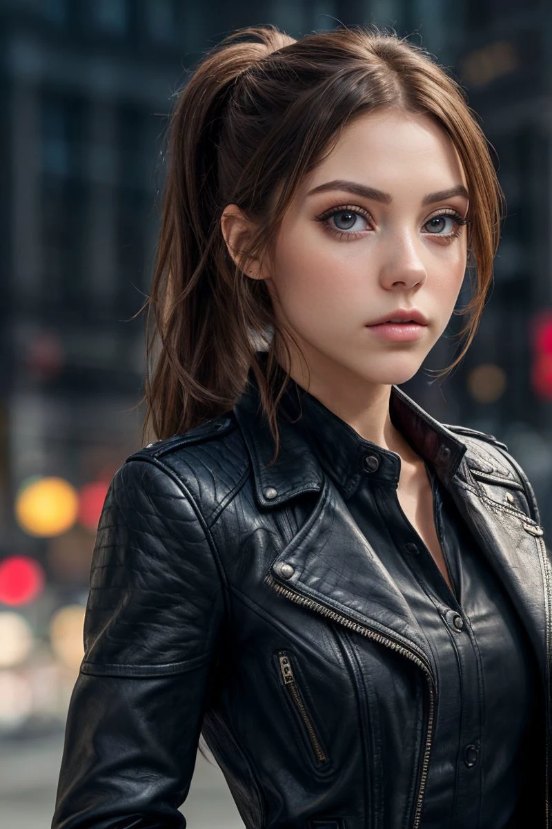 portrait of S477_KseniaKokoreva,a gorgeous woman,in a (city:1.1),wearing a (leather jacket),(shirt),(ponytail),(4k, RAW photo, best quality, 50mm, depth of field, ultra high res:1.1),(intricate, photorealistic, cinematic-shot, masterpiece, ultra-detailed:1.1),