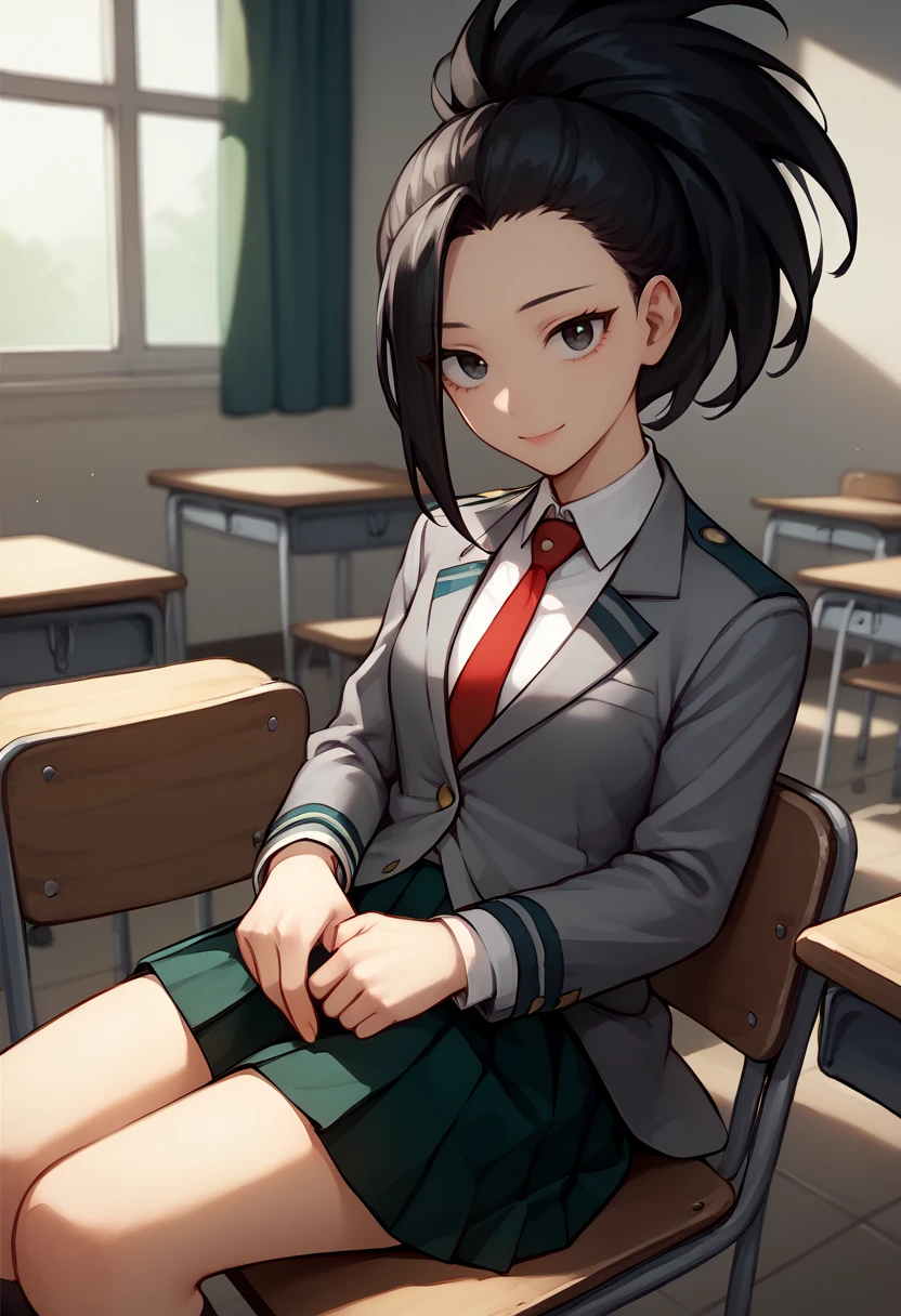 score_9, score_8_up, score_7_up, solo, 1girl, ya0yorozuschool, smile, looking at viewer, sitting, chair, high ponytail, black eyes, u.a. school uniform, grey jacket, blazer, long sleeves, white shirt, collared shirt, red necktie, green skirt, pleated skirt, indoors, classroom <lora:mha_yaoyorozu_ponyXL:1>