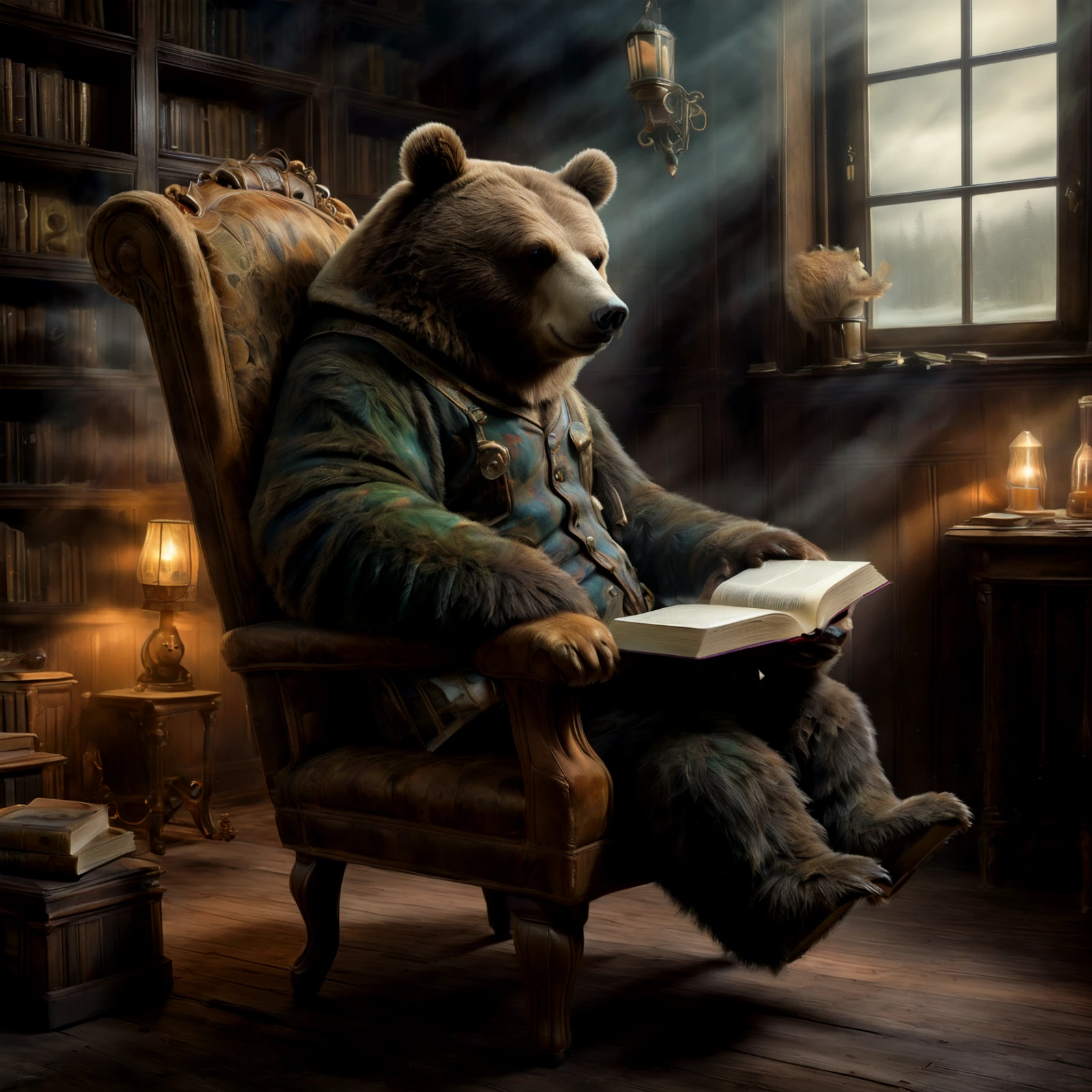 A bear sitting in a chair, reading a book.

Atmospheric.

<lora:WhimsyLondon2_CE_SDXL:0.85> WhimLonCE