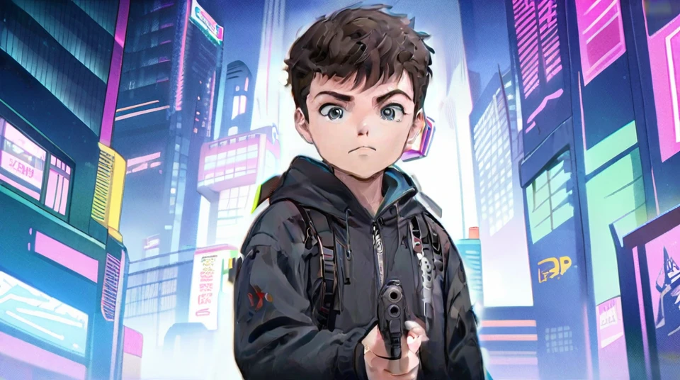 Cyberpunk City, cinematic angle, Nick Fuentes, (((anime style))), ((holding a gun)), looking at viewer, best quality <lora:Nick_Fuentes:1>