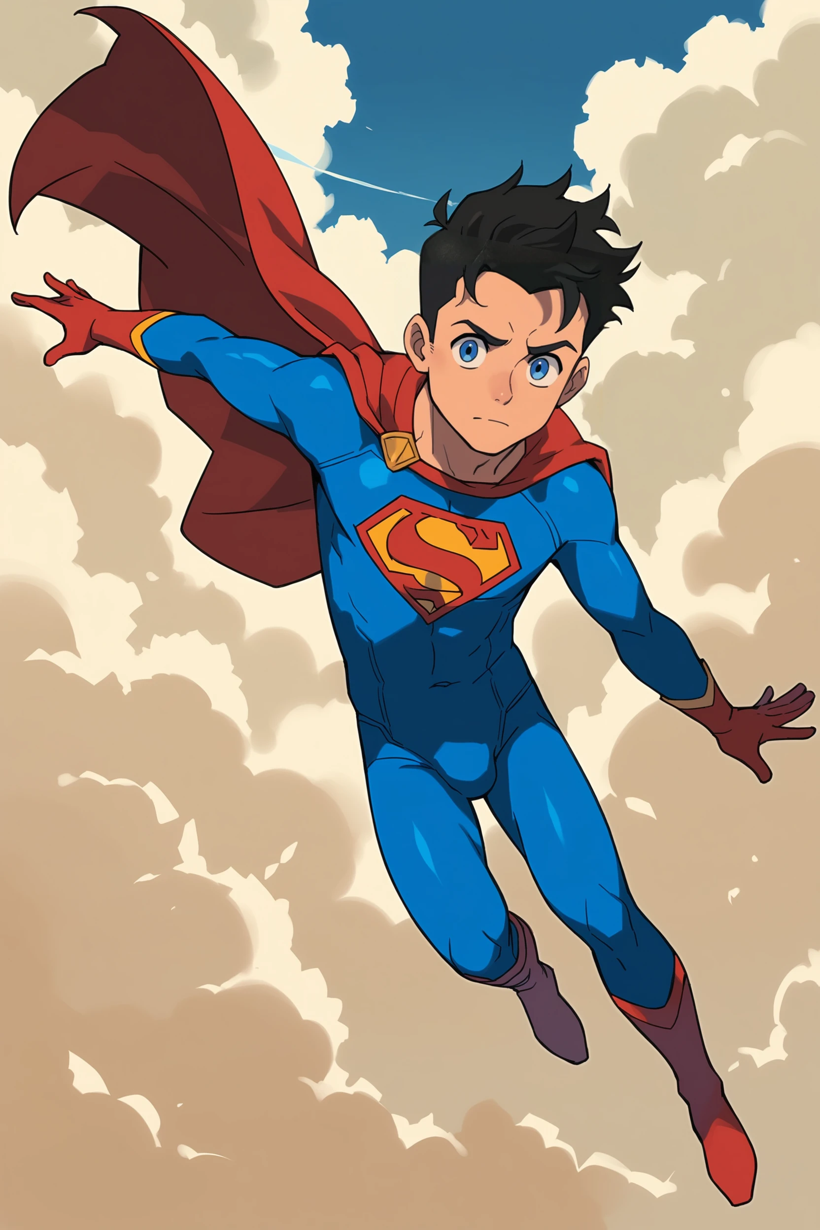 source_cartoon, score_9, score_8_up, score_7_up, score_6_up, score_5_up, score_4_up <lora:Superboy_My_Adventures_with_Superman:0.7> superboix, 1boy, black hair, blue eyes, parody, young, male , flying in the air, full body, blue sky, superman suit, "S" on chest