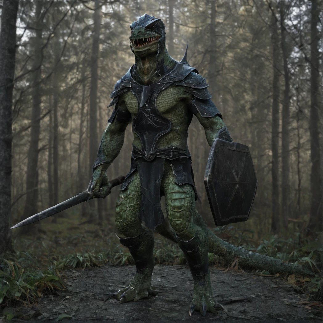 (Lizardman), reptile, lizard, Armor, Shield, Sword, full body, day, natural Light, (creature, monster), (UHD, 8K, ultra detailed, looking at the camera, moody forest, highly detailed, best quality, high detail, amazing detail, masterful, work of a master, highly detailed background, shallow depth of field, photorealistic, RAW image, 8k high resolution, ray tracing, realistic, volumetric lighting), ((realistic)), realistic skin, sss,
