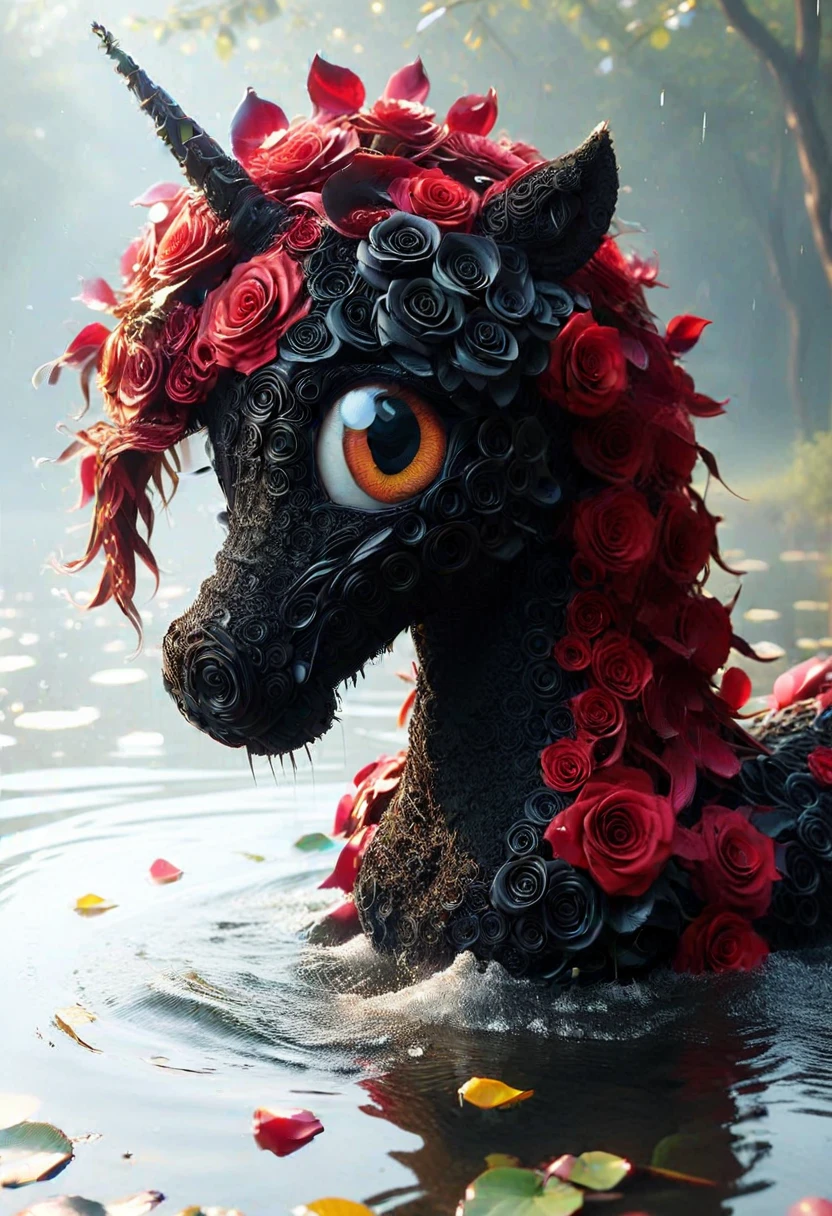 BL4CKR3DR0S3S, a cute rearing female pony is made entirely from colorful rose, detailed face, (big eyes:0.9), detailed eyes, (smile:1.1), long eye lashes, blonde rainbow hair, water ground, reflection,