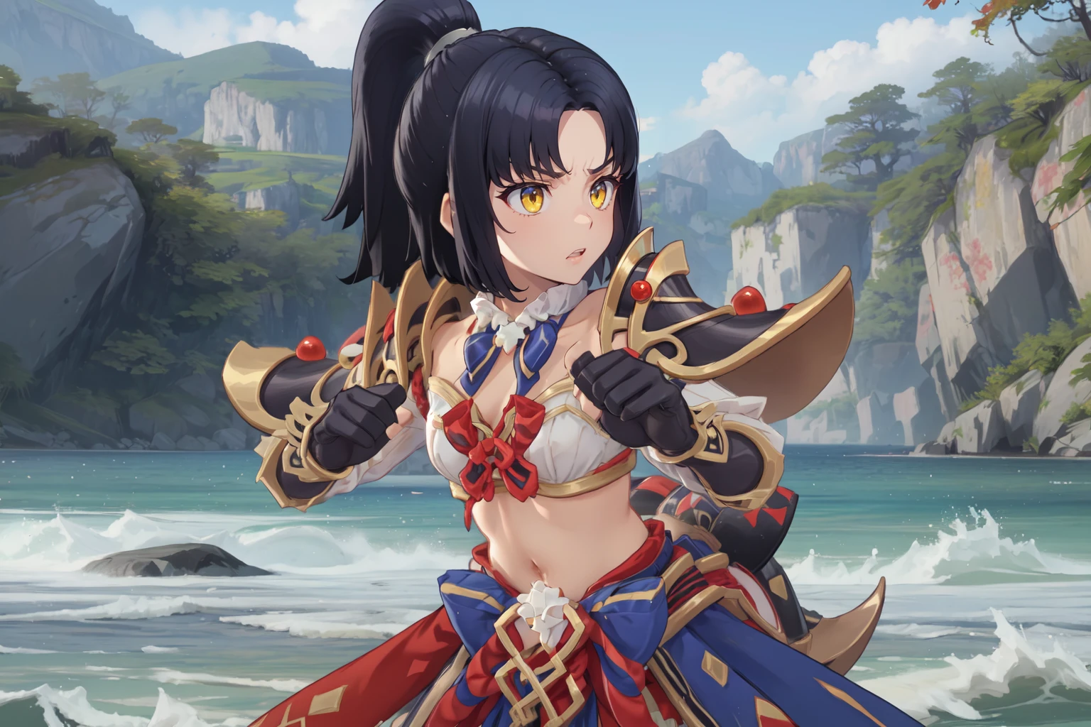 rom_amaterasu,
(masterpiece, best quality, beautiful and aesthetic:1.3), cowboy shot,  1girl,  solo, (fighting stance:1.2), holding weapon, shuriken, looking at viewer, blurry, depth of field, waves, ocean, scenery, water, reflection light, dreamy, shiny skin, beautiful face, beautiful eyes, extreme detailed, official art, professional illustration, hires,
<lora:rom_amaterasu-10:0.8>, <lora:add_detail:0.5>