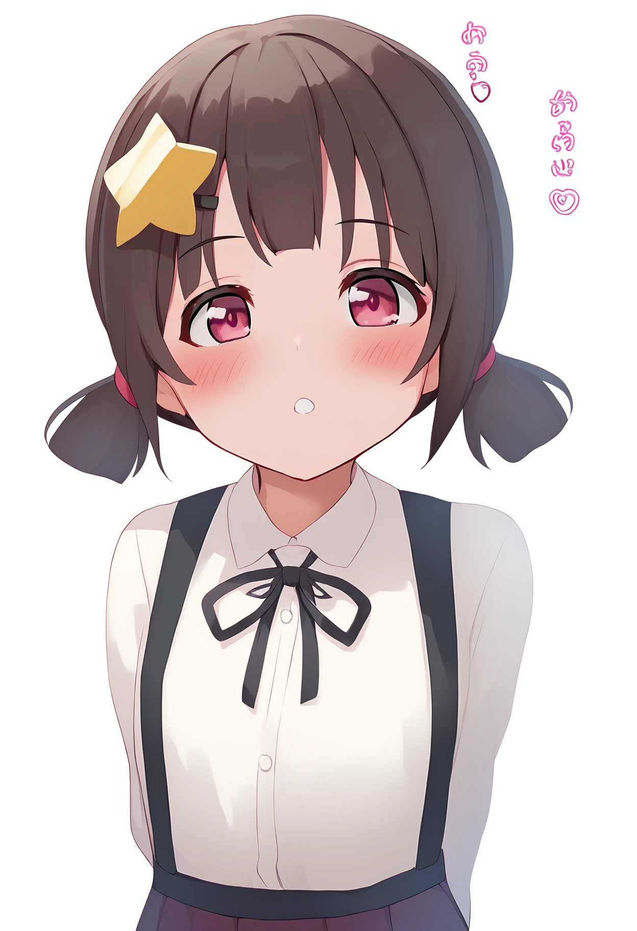 1girl,
komekko,
solo, brown hair, short twintails, hairclip, low twintails, white background, shirt, miniskirt, pink eyes, star \(symbol\), looking at viewer, teeth, blush, hair ornament, white shirt, parted lips, twintails, heart hair ornament, skirt, arms behind back, collared shirt, suspender skirt, heart, star hair ornament, dress shirt, suspenders, ribbon, upper teeth only, pleated skirt, simple background, black ribbon, neck ribbon, medium hair,
score_9, sfw
<lora:pony_char_komekko:1>