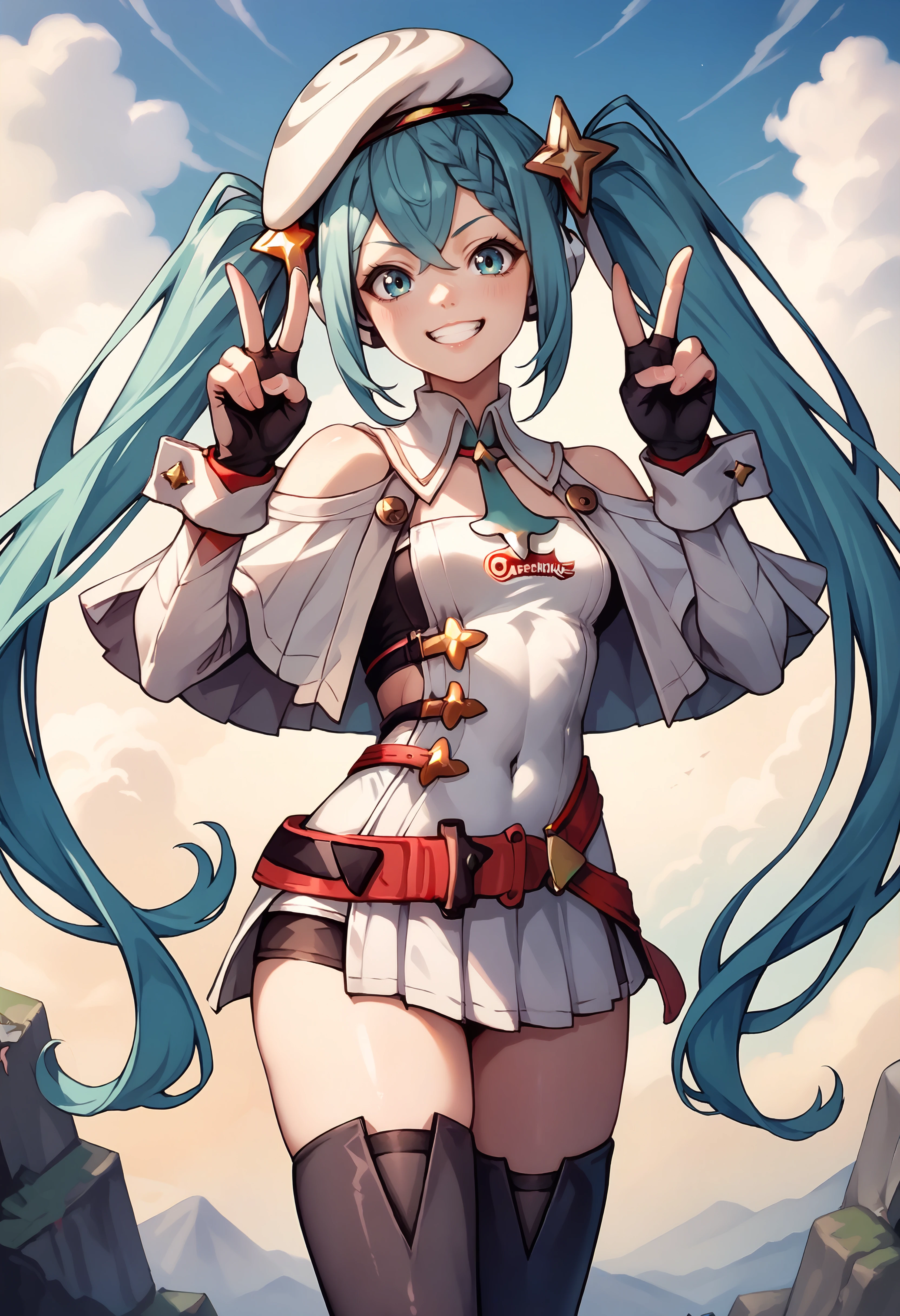 score_9, score_8_up, score_7_up, source_anime BREAK  <lora:vocaloid_racingmiku2023_ponyXL:0.8> racingmiku2023, grin, looking at viewer, double v, twintails, braid, star hair ornament, white headwear, beret, white capelet, white dress, clothing cutout, long sleeves, red belt, black gloves, fingerless gloves, black thighhighs, bare shoulders, blue sky, cloud