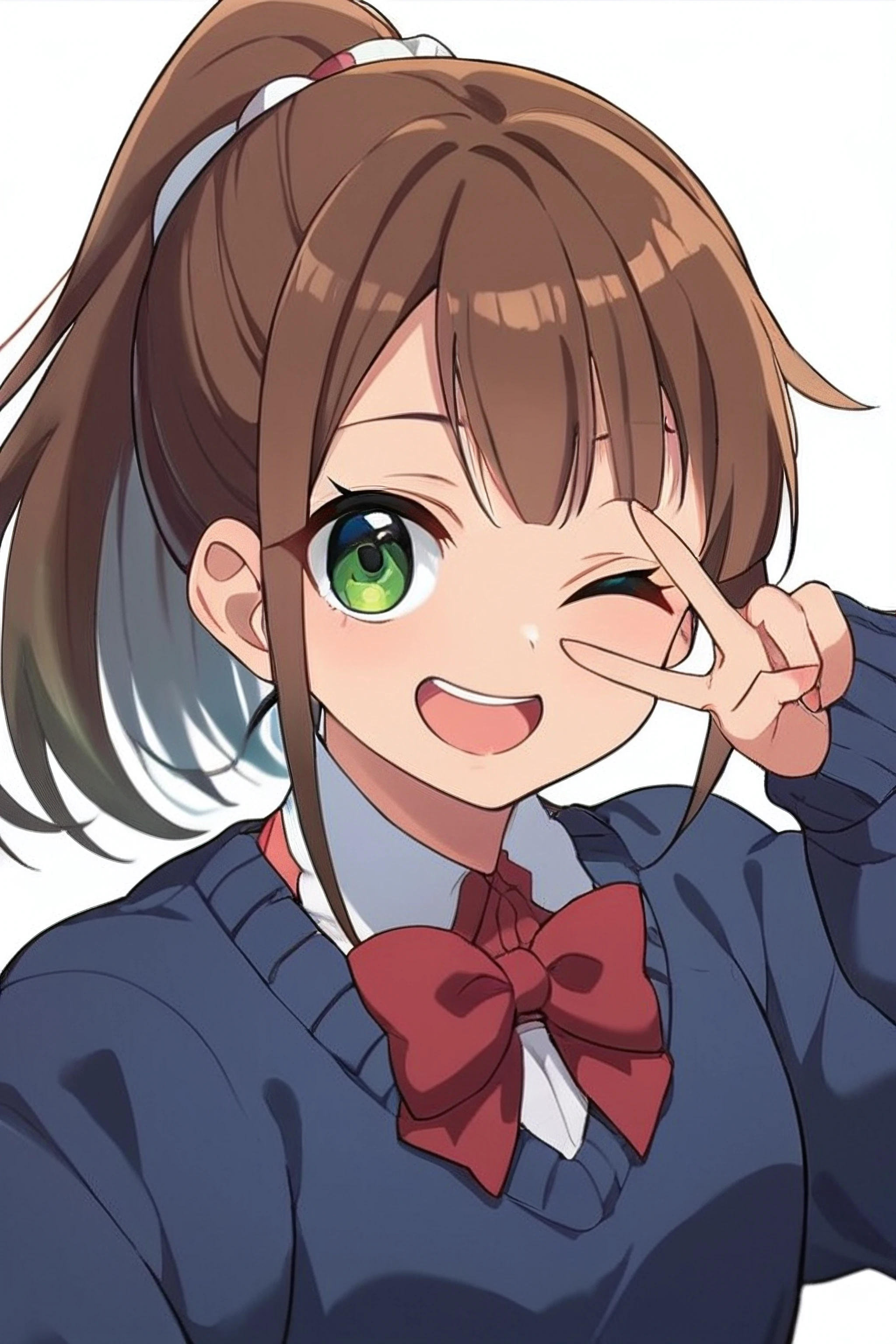 score_9, score_8_up, score_7_up, score_6_up, score_5_up <lora:HonshouAru:0.7> HonshouAru, 1girl, solo, smile, looking at viewer, white collared shirt,  ponytail, blue sweater, posing for a picture, peace sign, one eye closed, open mouth, simple background, green eyes, 8k, highly detailed,upper body, red bowtie,