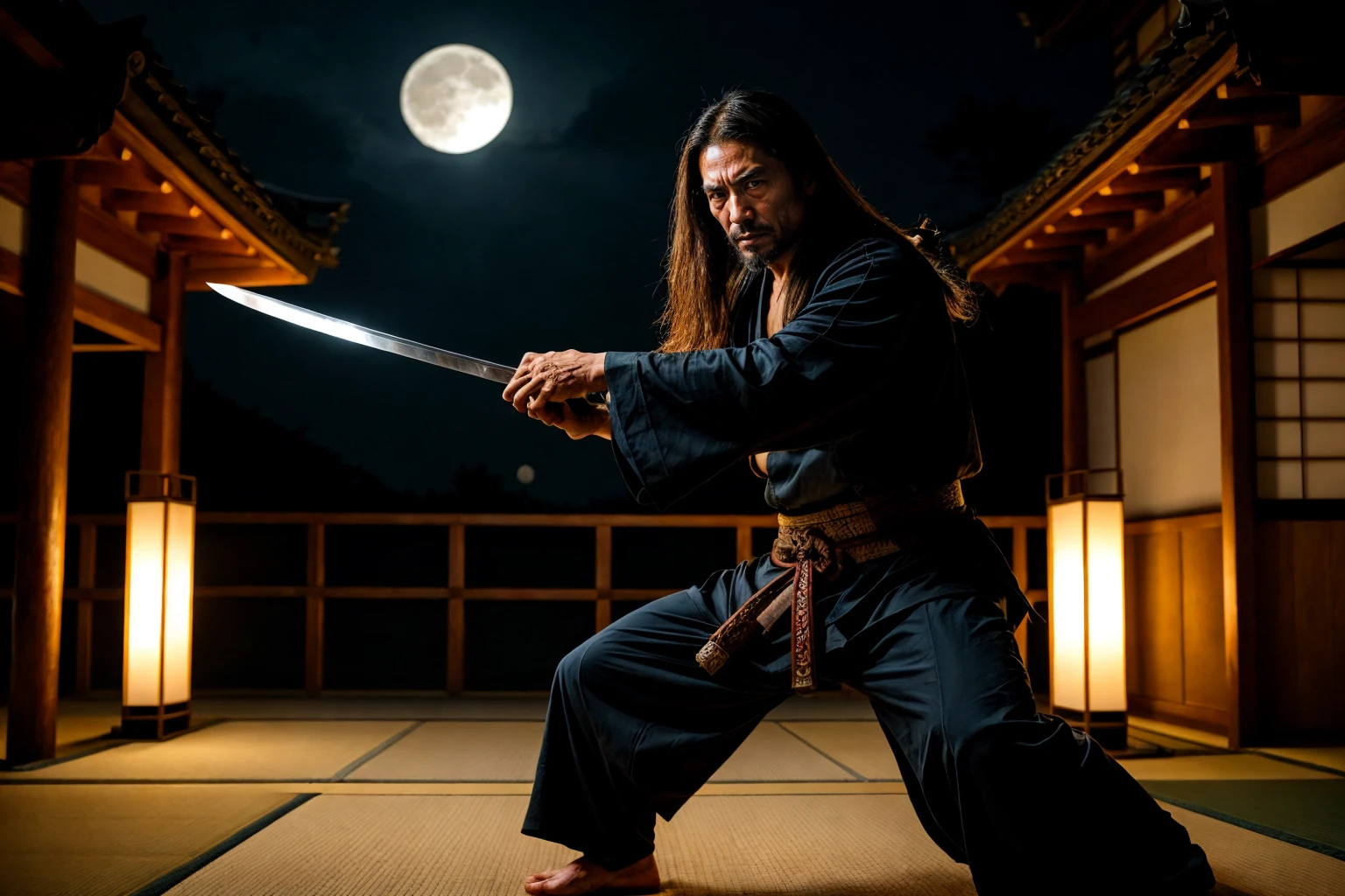 cinematic film still japanese elderly man holding a samurai sword in his hand, a long haired male ninja, fighting stance, man with a sword,<lora:add_detail:0.8>  , (stubble beard:0.4) , angry, aggression, hiding in the dark, ninja suit, japanese temple in the background, action scene, (mysterious:1.5) (moon)  . shallow depth of field, vignette, highly detailed, high budget, bokeh, cinemascope, moody, epic, gorgeous, film grain, grainy