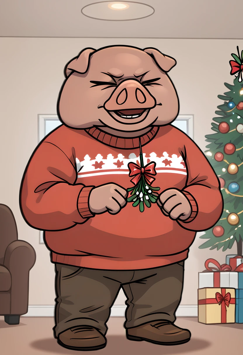 score_9, score_8_up, score_8,
solo,   <lora:Director_Ton_Aggrestuko_for_PonyXL:0.8> 1boy, pig, t0n, furry, sweater, pants, Christmas party, living room, mistletoe,