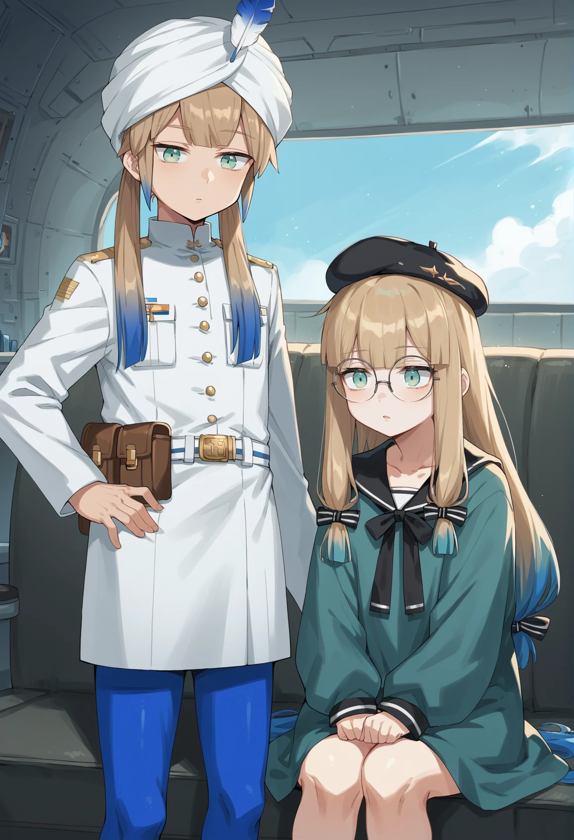 1boy, indoors, spacecraft interior, child, multicolored hair, gradient hair, blonde hair, blue hair, blue eyes, androgynous, 1boy, very long hair, low twintails, turban, feather, military uniform, White shirt, shorts, blue pantyhose, belt, pouch, expressionless, hand on own hip, closed mouth
BREAK
2boys, indoors, spacecraft interior, 1girl, multicolored hair, gradient hair, blonde hair, blue hair, blue eyes, androgynous, 1girl, very long hair, messy hair, sidelocks, hair ribbon, glasses, black beret, green dress, long sleeves, Sleeves Past Fingers, sleeves past wrists, expressionless, chestnut mouth, 
 <lora:Nemo_XL:1>, score_9, score_8_up, score_7_up, score_6_up, score_5_up, score_4_up, BREAK source_anime, masterpiece