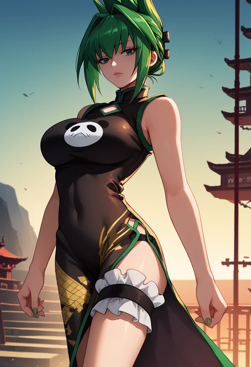 score_9,  score_7_up,  1girl, solo, Jun, green hair, green eyes, large breasts,  updo, spiky hair, black china dress, thigh strap,   <lora:Tao Jun-000009:1>