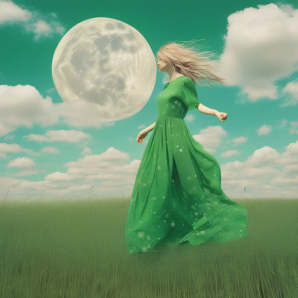 artrtsng, Moon bright, Fool girl dress, field grass green, sky cloud.