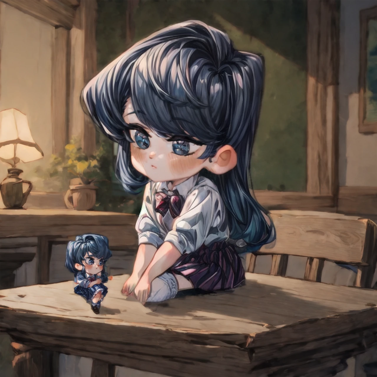 2girls, <lora:chibihangout:0.8>, chibihangout, chibi, size difference, minigirl, indoors, standing on table, tavern, sitting, <lora:komi_shouko:0.7>, komi shouko, school uniform, very detailed, <lora:more_details:0.6>, high quality, highres, masterpiece, best quality, 8k, intricate, detailed, <lora:add_detail:0.6>,