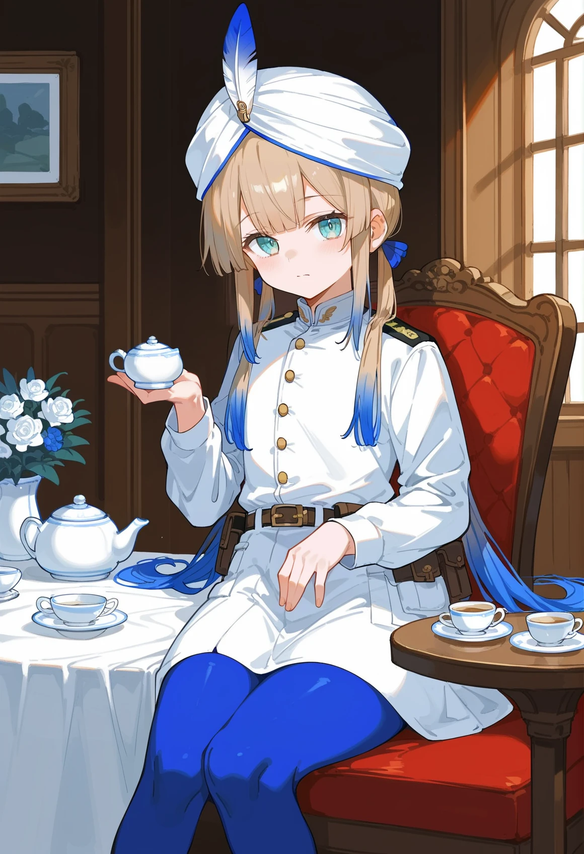 1boy, sitting, indoors, mansion, chair, table, teacup, teapot, looking at viewer, multicolored hair, gradient hair, blonde hair, blue hair, blue eyes, androgynous, 1boy, very long hair, low twintails, turban, feather, military uniform, White shirt, shorts, blue pantyhose, belt, pouch <lora:Nemo_XL:1>, score_9, score_8_up, score_7_up, score_6_up, score_5_up, score_4_up, BREAK source_anime, masterpiece
