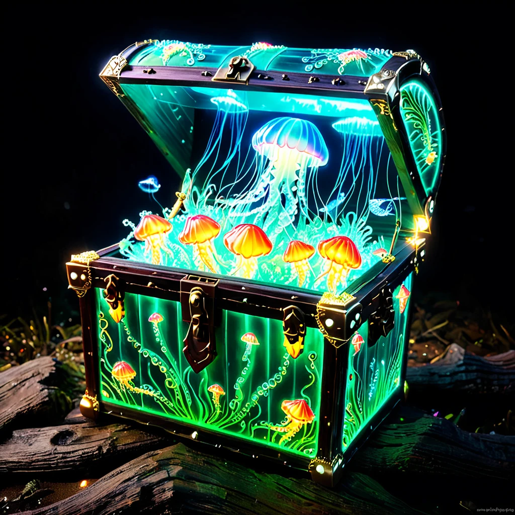 masterpiece,
jellyfishstyle, treasure chest,glow
 <lora:jellyfish-xl:0.8>