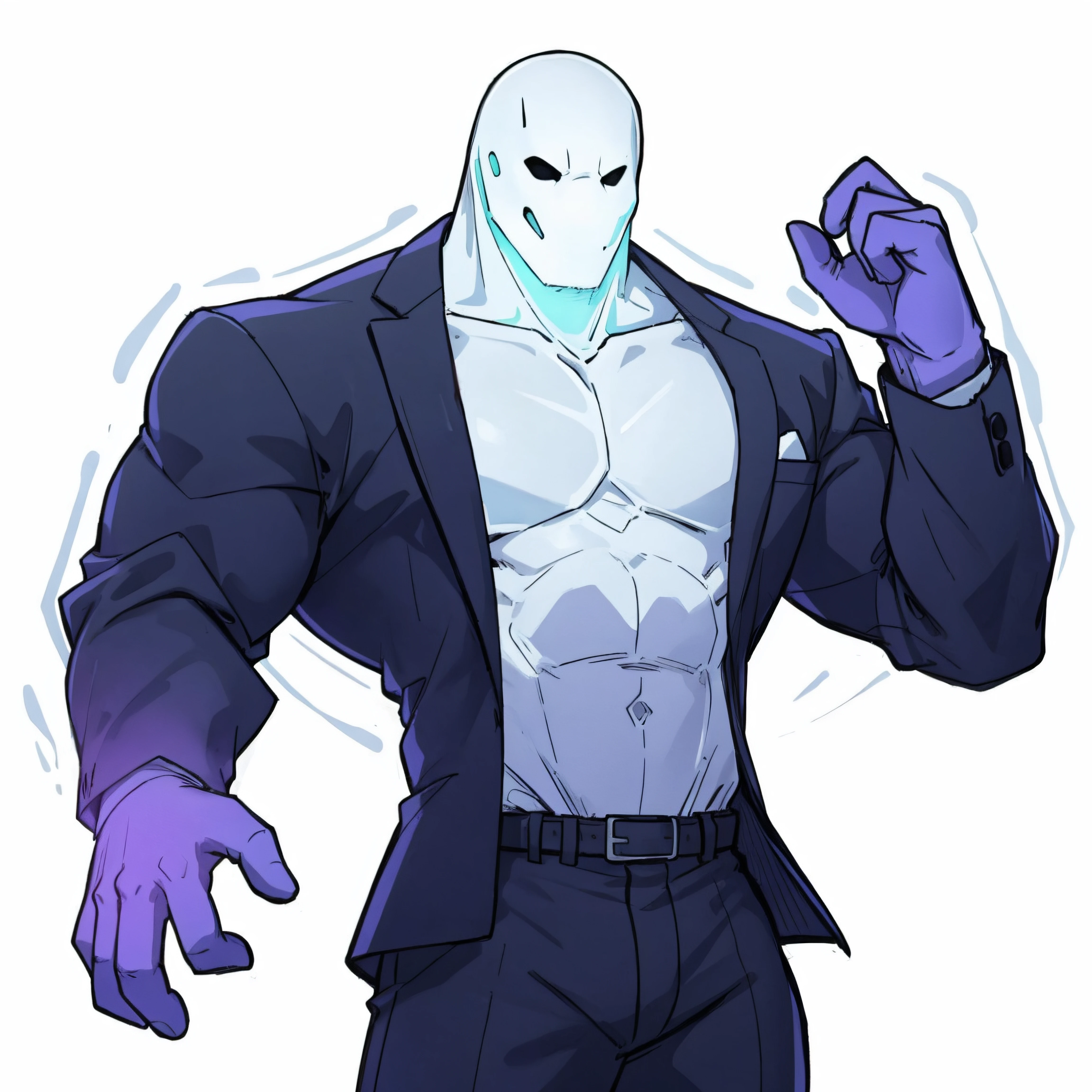 GhostMale, mask male ghost, 1male, face, simple white background, glow, bright lights, suit, <lora:ApocalypsePurpleVoid:0.33>, <lora:GhostMale:0.33>