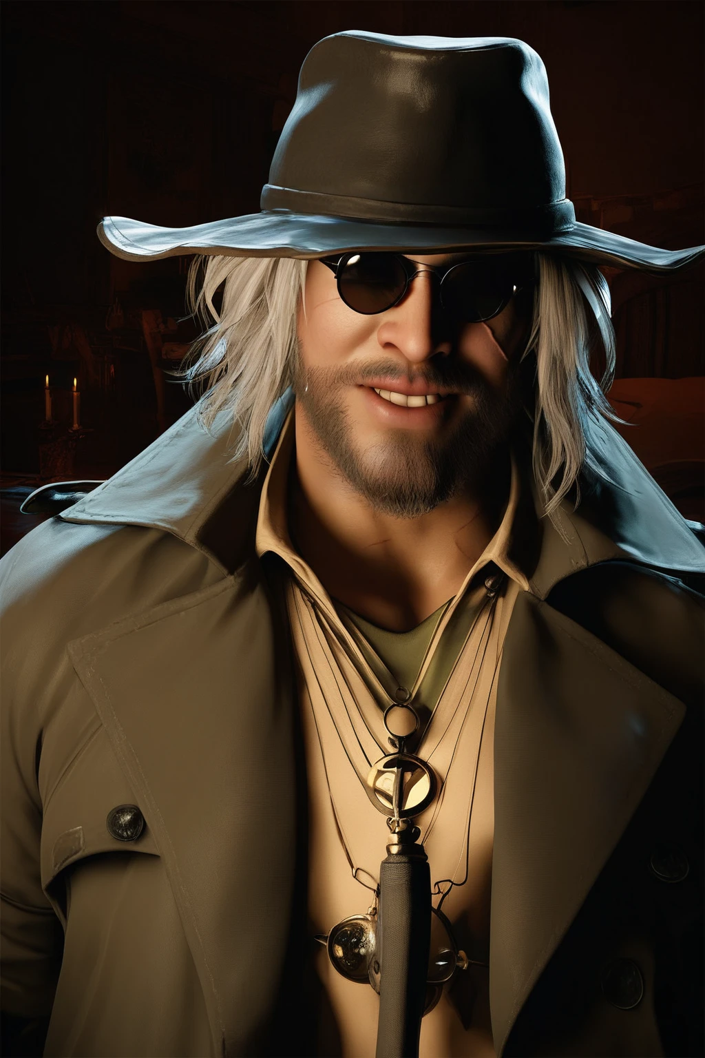 score_9, score_8_up, score_7_up, masterpiece, high quality, BREAK
 <lora:Karl HeisenbergPonyLoRA:0.8>krlheinbrg, long hair, beard, hat, necklace, scar, sunglasses, open coat, collared shirt, gloves, middle aged man, 50 years, light grey hair, indoors