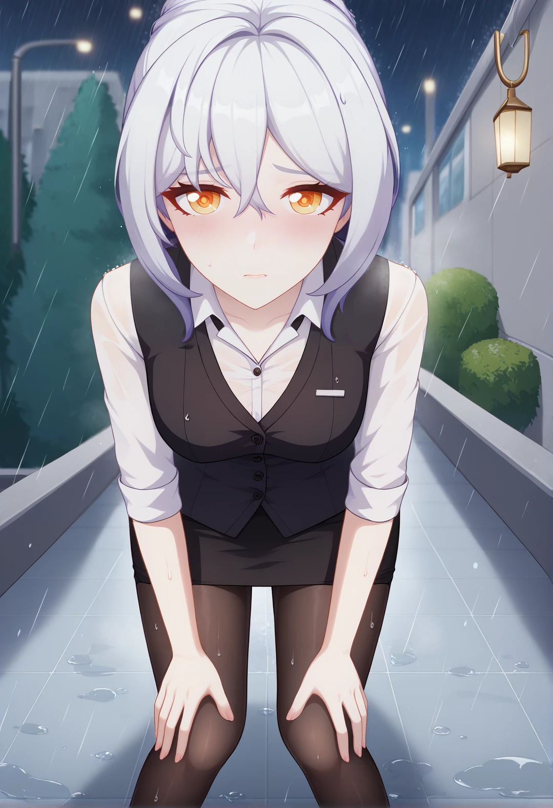 rating_all, Honkai3StyleV4XL, 1girl, solo, blush, looking at viewer, office lady, pantyhose, pensive expression, (close-up:1.3), standing, leaning forward, worried, worried expression, wet, wet hair, hands on knees, pencil skirt, from above, (beautifully detailed background), outdoors, city, glistening lights, rain, teardrops in the rain, stair, stairway to heaven, starry sky, <lora:Honkai3StyleV4XL-EP6:1>