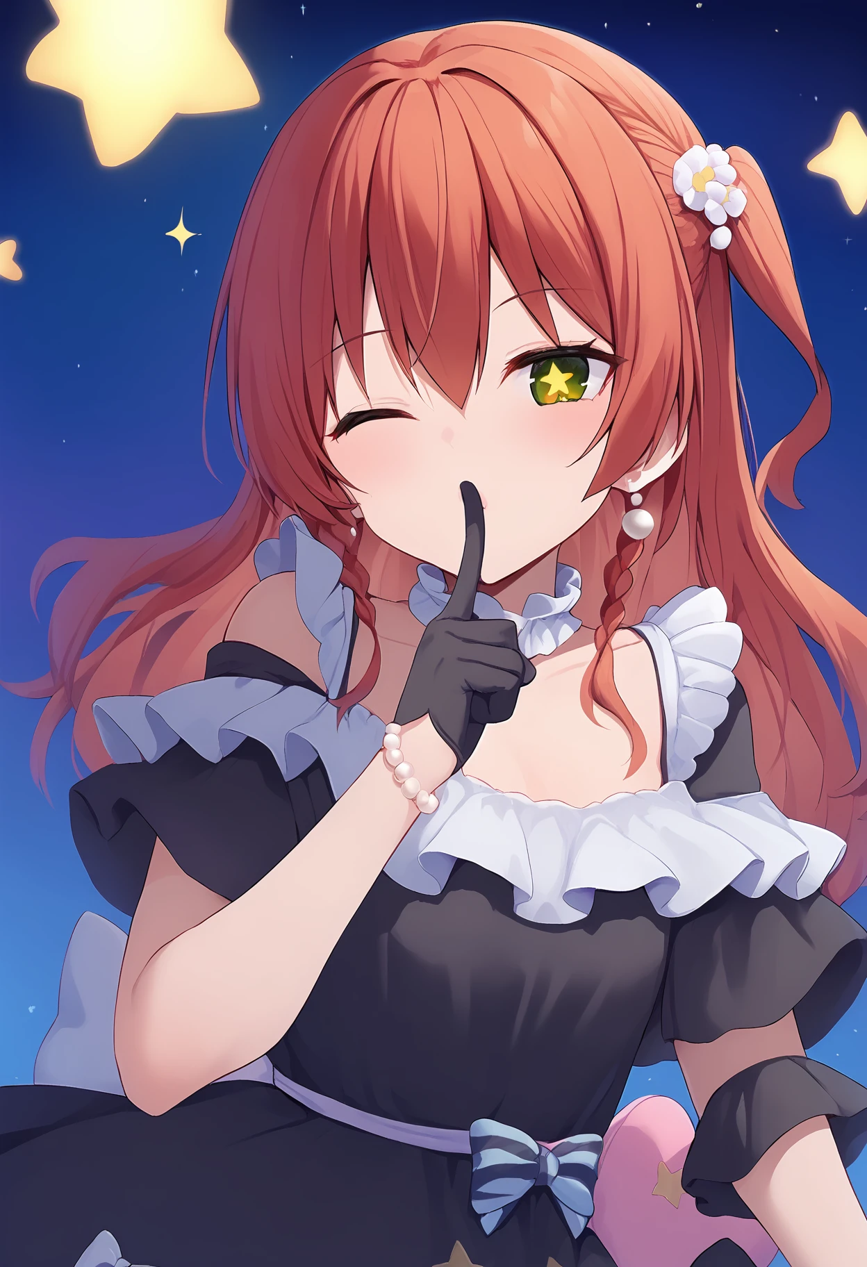 kita ikuyo,
one side up, dress, star print, heart-shaped bag, green eyes, flower, collar, orange hair, off shoulder, frills, wrist bow, sparkling eyes, bracelet, striped, braid, yellow eyes, hair flower, off-shoulder dress, jewelry, black gloves, frilled dress, striped bow, hair bow, pearl bracelet, star \(symbol\), heart, pearl earrings, long hair, hair ornament, earrings, red hair, white flower, finger to mouth, white bow, one eye closed, frilled collar, bow, gloves, black dress,
score_9, sfw
<lora:pony_char_kita_ikuyo:1>