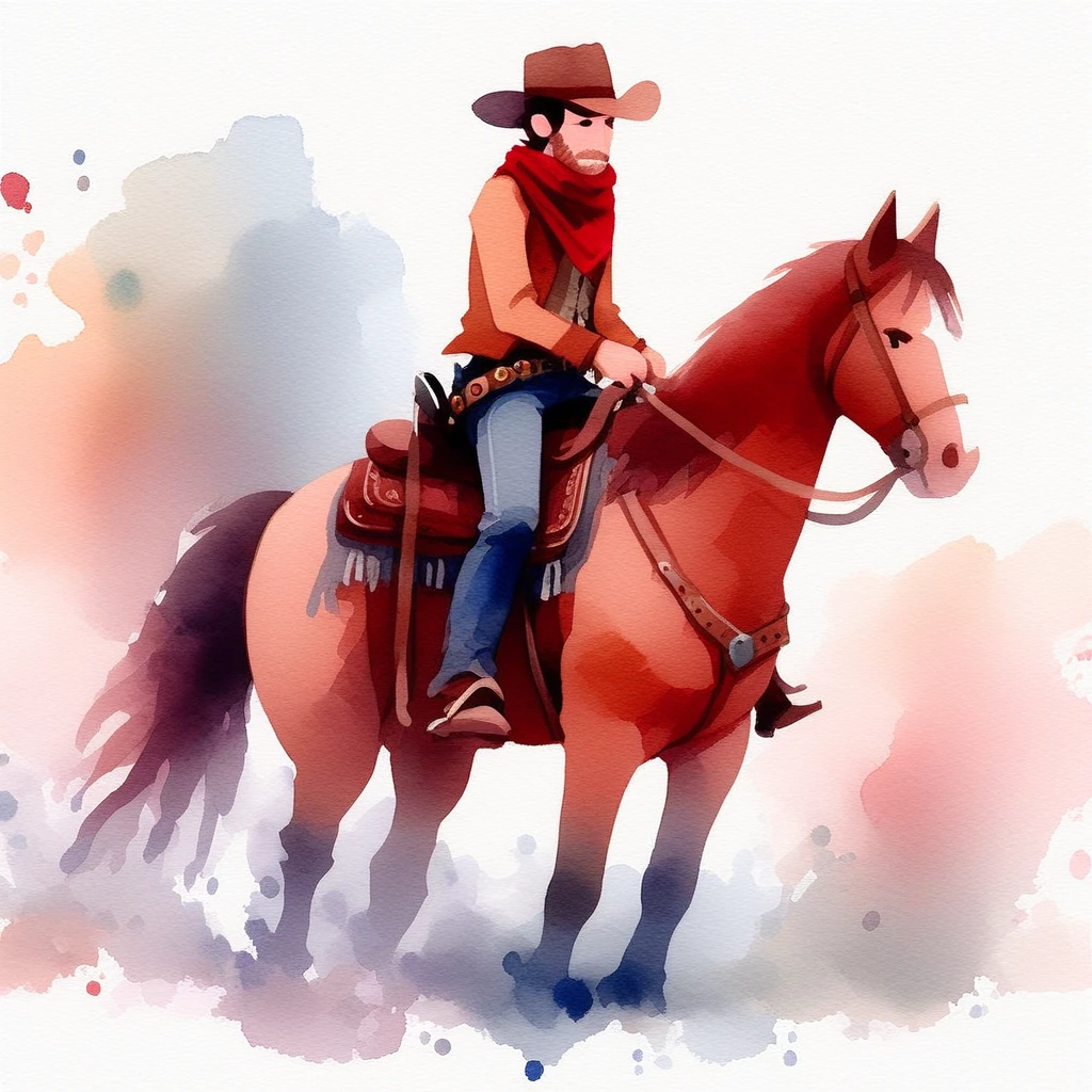 SoftWaterColor, 1man, a cowboy riding his horse,