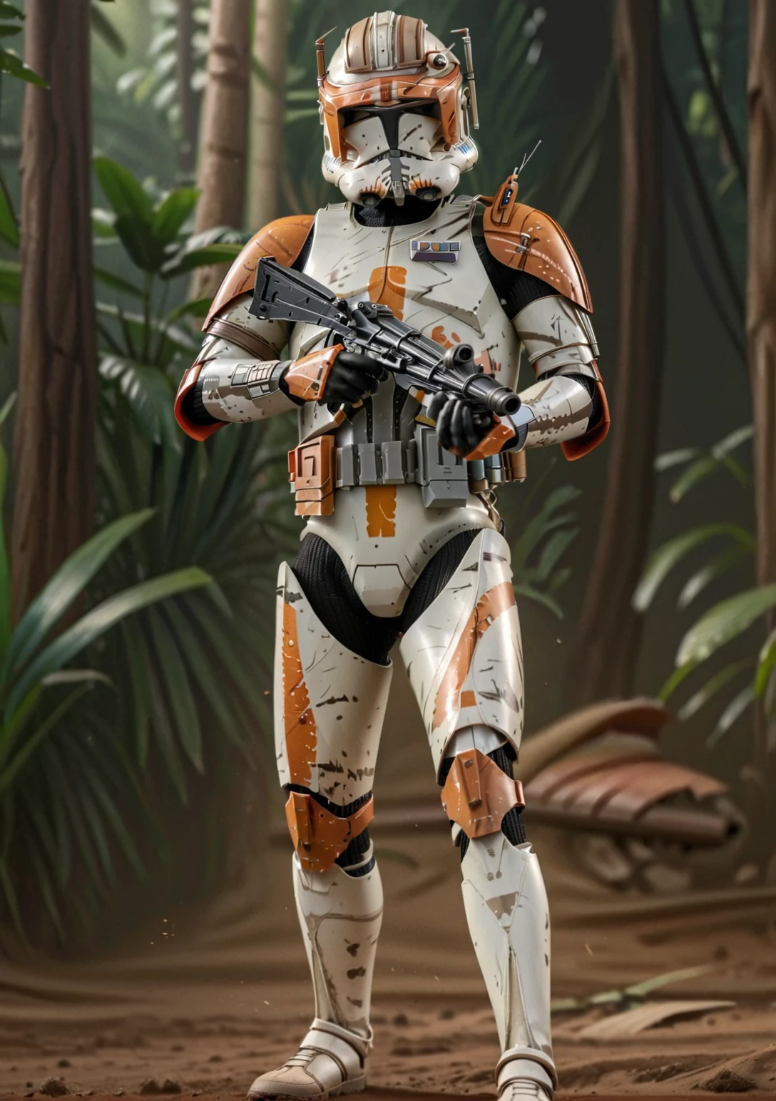 (full body shot1.5) of <lora:Clone_Trooper_Cody:1> Clone Trooper Cody is wearing body armor and a helmet, shooting a large blaster rifle, side view, background of a tropical jungle, <lora:Film lora:0.5> realistic film photography <lora:filmicVibesXL_v1.1:0.4> filmic, (intricately detailed:1. 2), mood, raw photo, DSLR, 8k, 4k, UHD, DSLR, high quality, soft lighting, nikon, canon