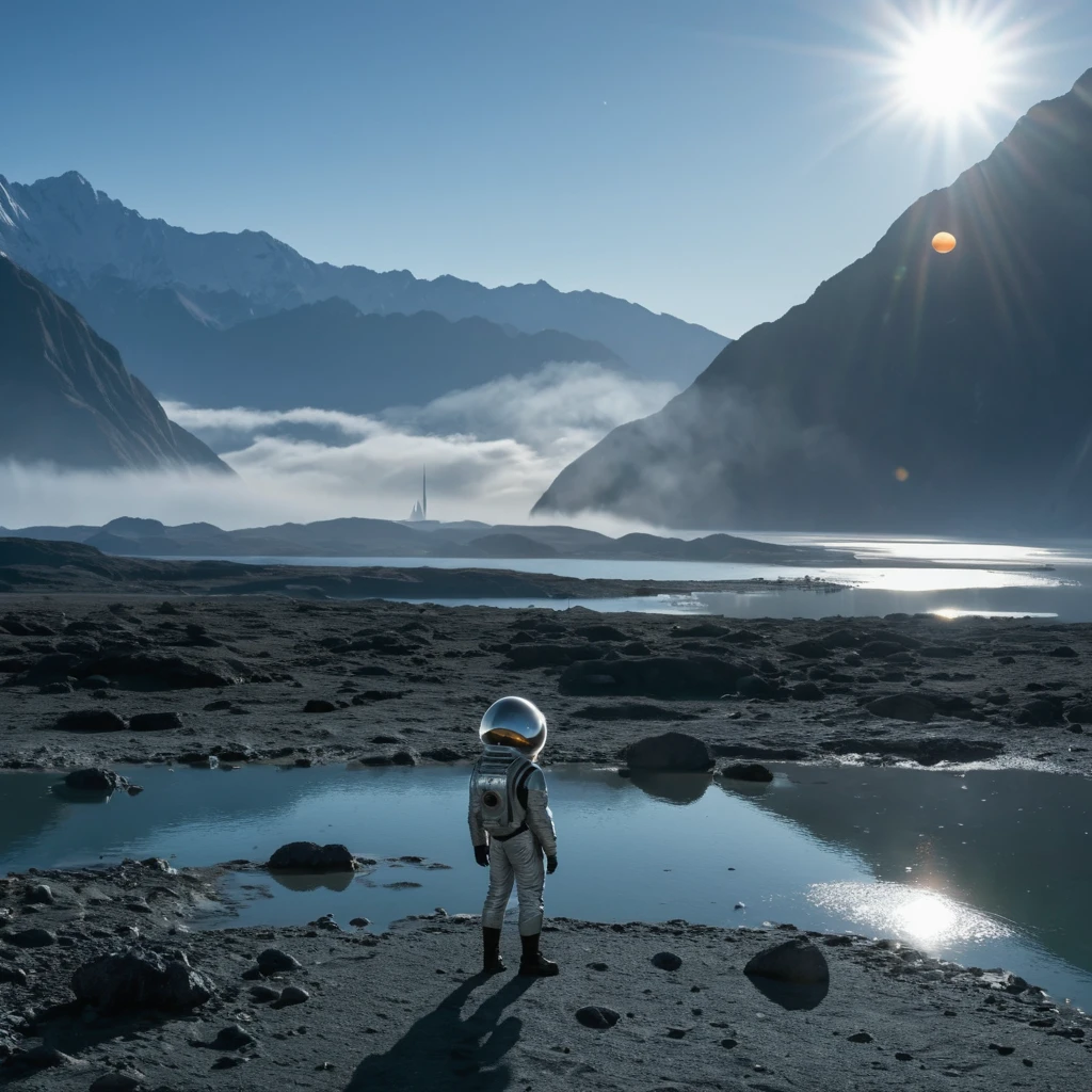 photo of an alien wearing space suite looking closely at the wiever at an angle, Background: spaceship on a planet far from sun. misty lagoon with methane lake, methane fog, small rising sun beyond the mountains, thick grey atmosphere, unrealistic view of extraterrestrial landscape, masterpiece