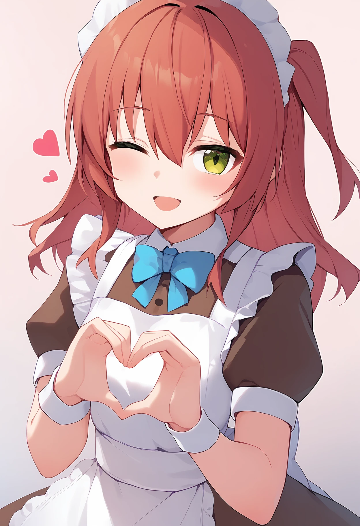 kita ikuyo,
one side up, heart, frills, brown bow, maid headdress, dress, maid apron, brown dress, one eye closed, :d, blue bow, white apron, wrist cuffs, one side up, puffy sleeves, short sleeves, bow, looking at viewer, blush, hand up, red hair, yellow eyes, heart hands, puffy short sleeves, hair between eyes, maid, frilled dress, green eyes, open mouth, ;d, frilled apron, apron, smile, collared dress,
score_9, sfw
<lora:pony_char_kita_ikuyo:1>
