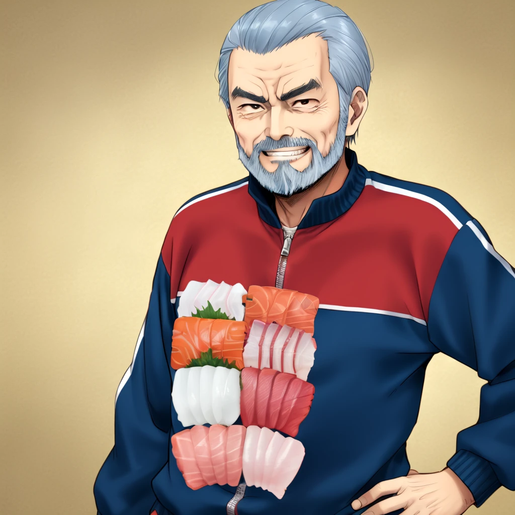 <lora:sashimi_SDXL:0.7>,
solo, long_sleeves, 1boy, jacket, white_hair, grey_hair, male_focus, facial_hair, thick_eyebrows, beard, track_jacket, mustache, manly, animification, old_man, sushi locket, sashimi dog_tag, evil grin blue_T_tracksuit, mature beard thin old man, isaku, shuusaku, kisaku