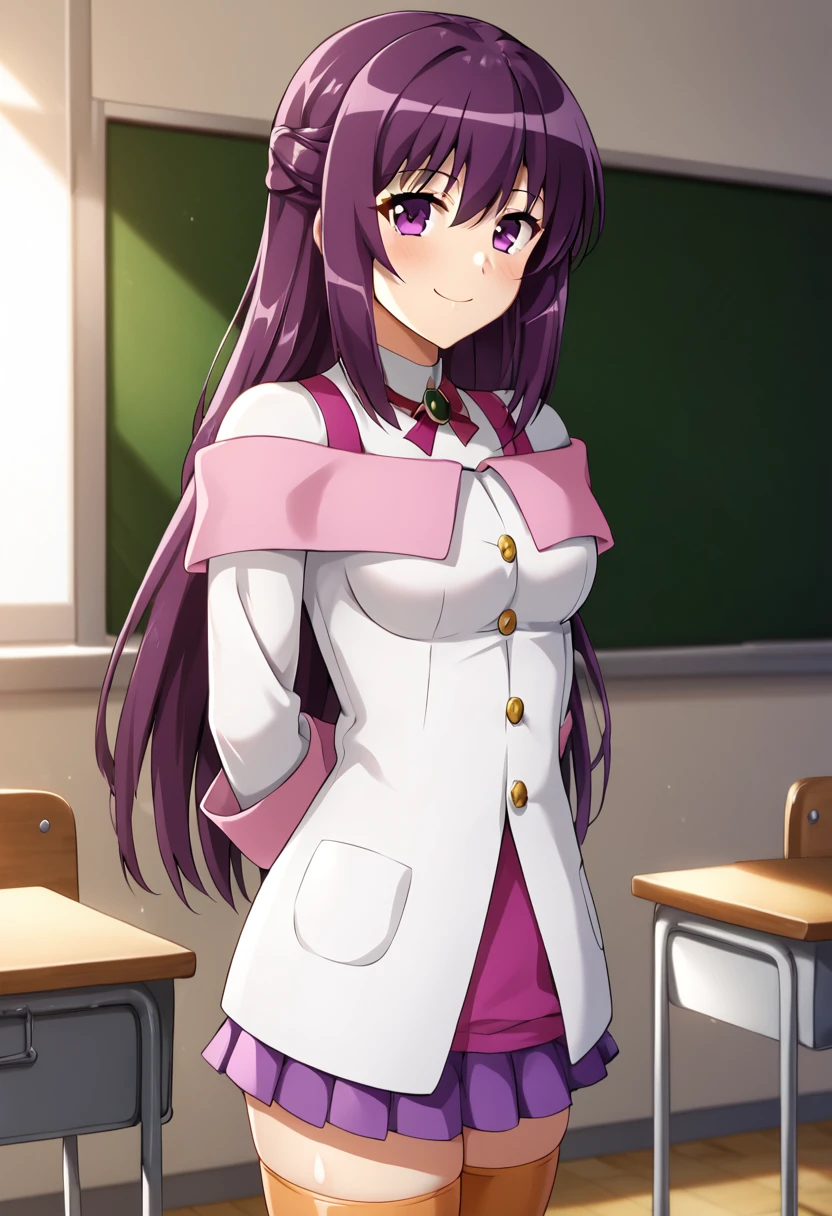 shinomiya_mai, purple hair, purple eyes, long hair, medium breasts, looking at viewer,  thighhighs, , zettai ryouiki, arms behind back, purple skirt, white shirt, care shoulder, purple strap, long white sleeves, BREAK indoors, classroom BREAK cowboy shot, looking at viewer, standing,closed mouth, seductive smile, BREAK best quality, masterpiece,score_9, score_8_up, score_7_up, perfect hand, source_anime, rating_explicit, <lora:Shinomiya_Mai:0.8>